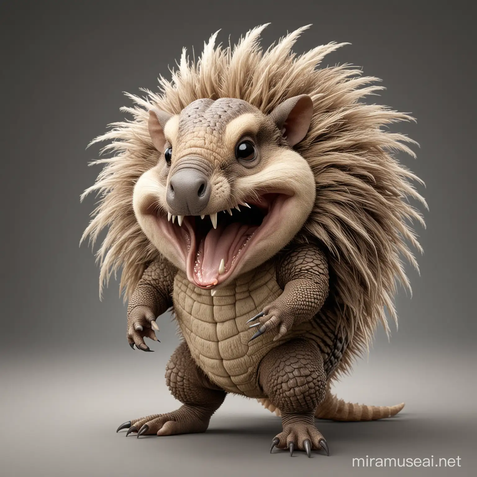 A Screaming Hairy Armadillo mascot without spikes but thick sporadic long hairs