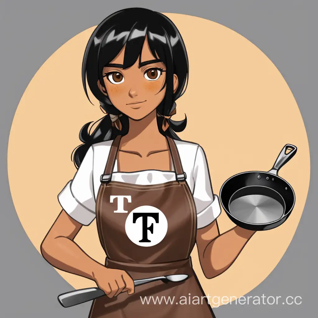 Terfil Girl. The hero holds a frying pan in his right hand and a grill in his left hand, she has black hair and tanned skin, brown eyes and wears an apron with the TF symbol