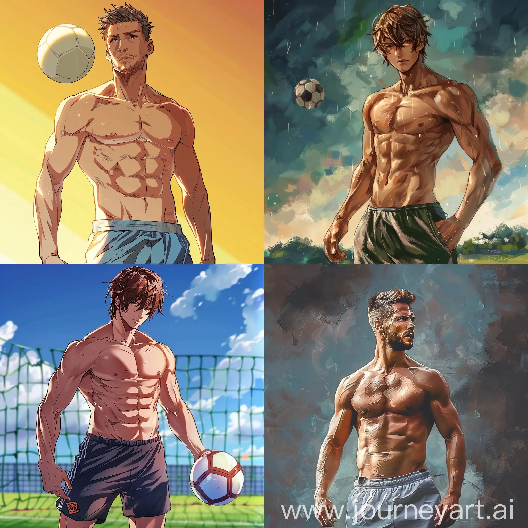 Shirtless muscular male soccer player in an anime style