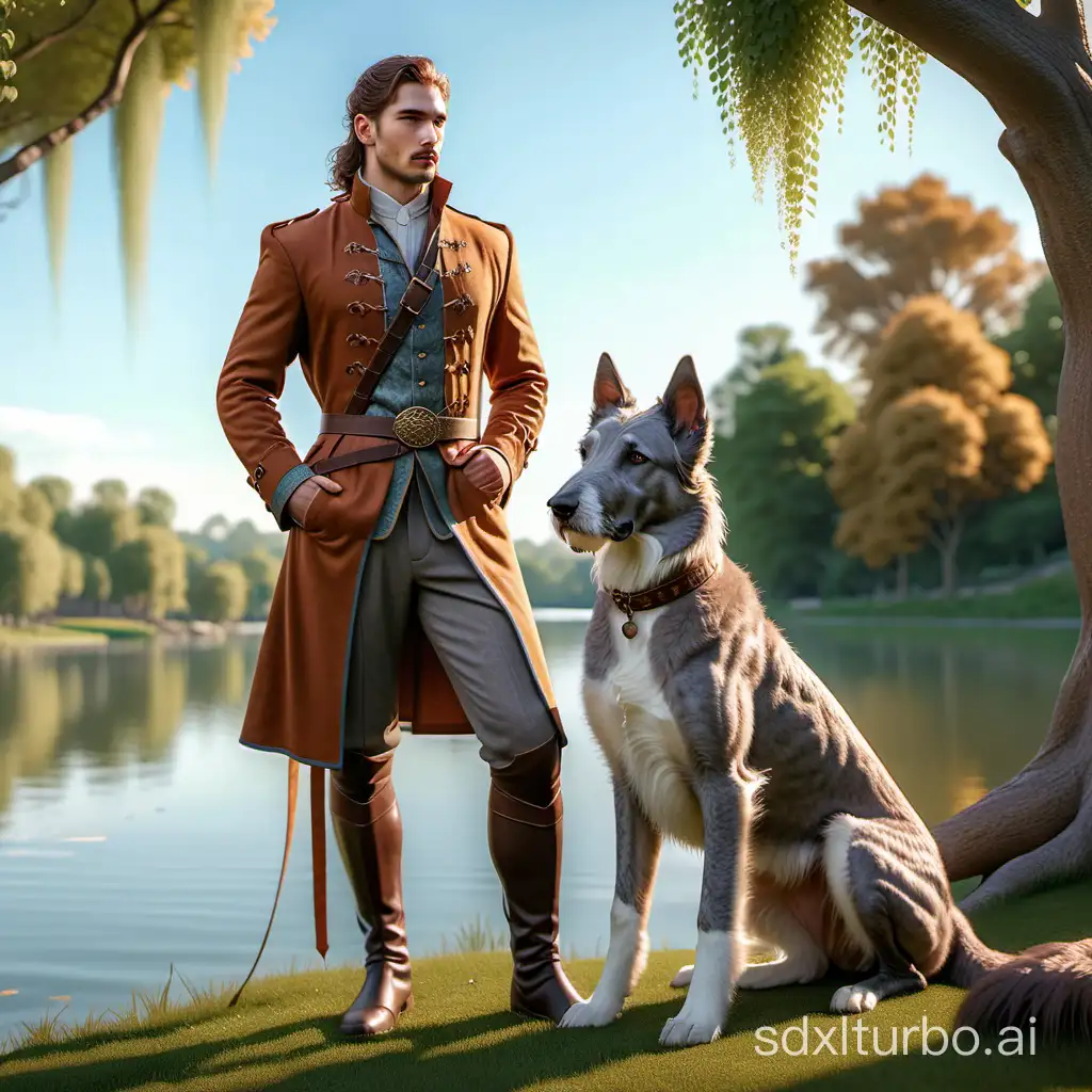 A handsome guy about 27 years old from the Middle Ages, with long straight brown hair up to shoulders, wearing an expensive hunter’s suit, elegant leather belt with embroidered dragon on the buckle, with a huge pale Irish wolfhound sitting on the lake shore covered with grass and trees around, perfect composition, beautiful detailed intricate insanely detailed octane render trending on artstation, 8 k, photorealistic concept art, soft natural volumetric cinematic perfect light