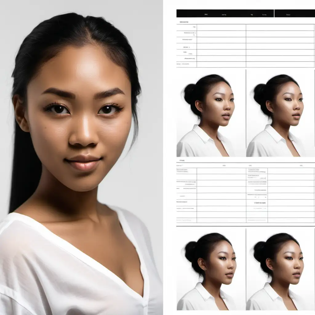 realistic photography of beautiful, 20-something black and asian woman, character sheet, spacing and margins, multiple angles