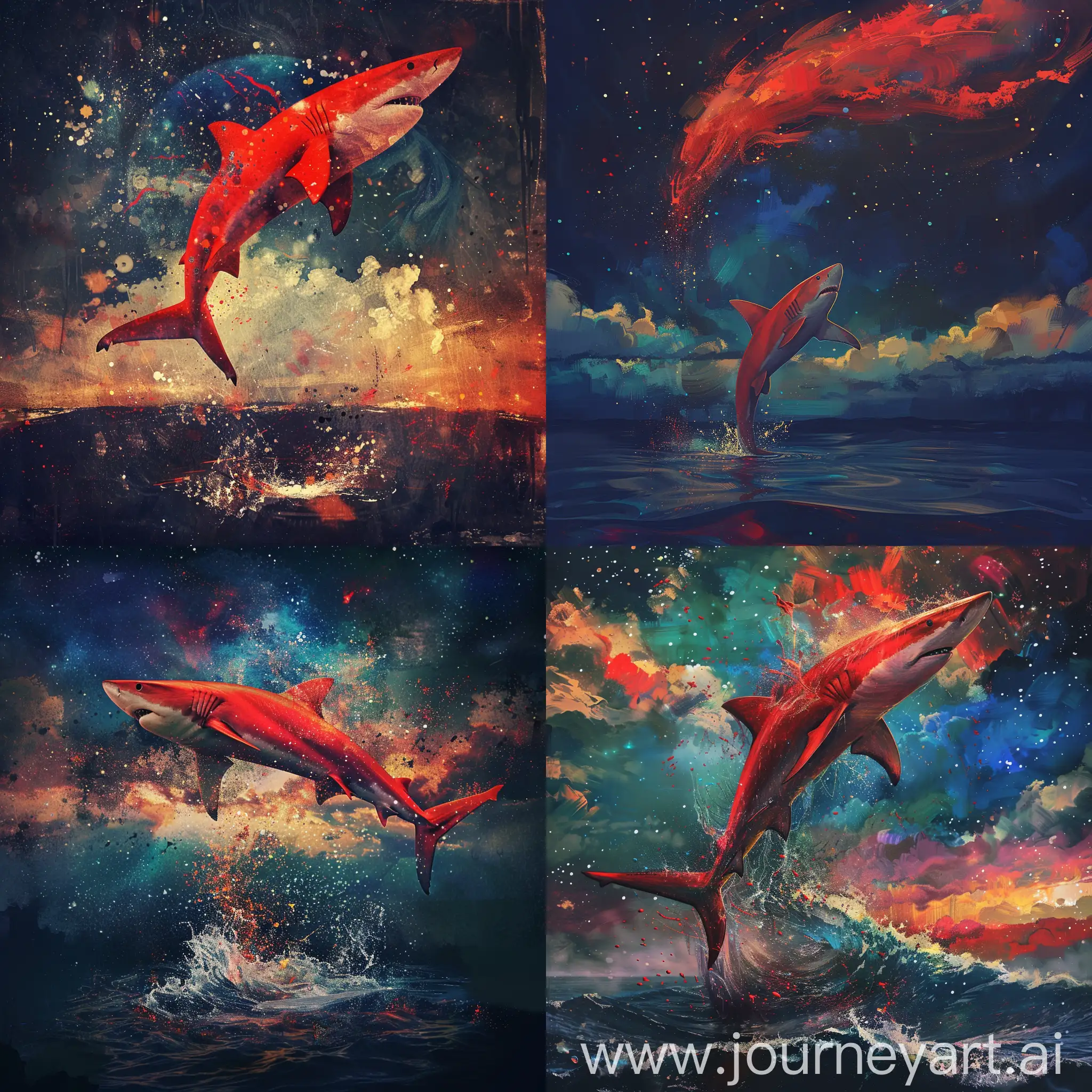 Stunning portrait of a majestic red shark jumping out the ocean of depression and pain to his dreamy destination in unlimited majestic cosmical sky of effort and promotion, moving from giving up to victory, using whole power to escape from dark depression ocean, splashe's gravity wants the shark to die in pain, majestic cosmical sky at night oil colored, sad depressed pale theme