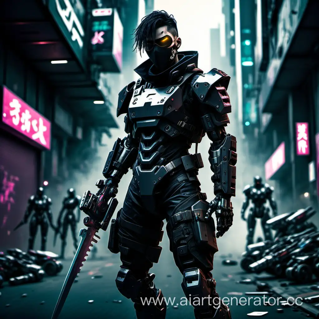 Человек в боевом костюме, киберпанк, улица, чёрная маска, меч, вооружённые роботы