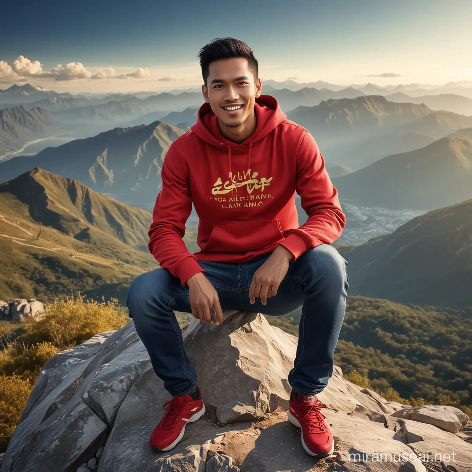 Indonesian Man in Alif Lam Mim Red Hoodie Smiling atop Mountain Vista