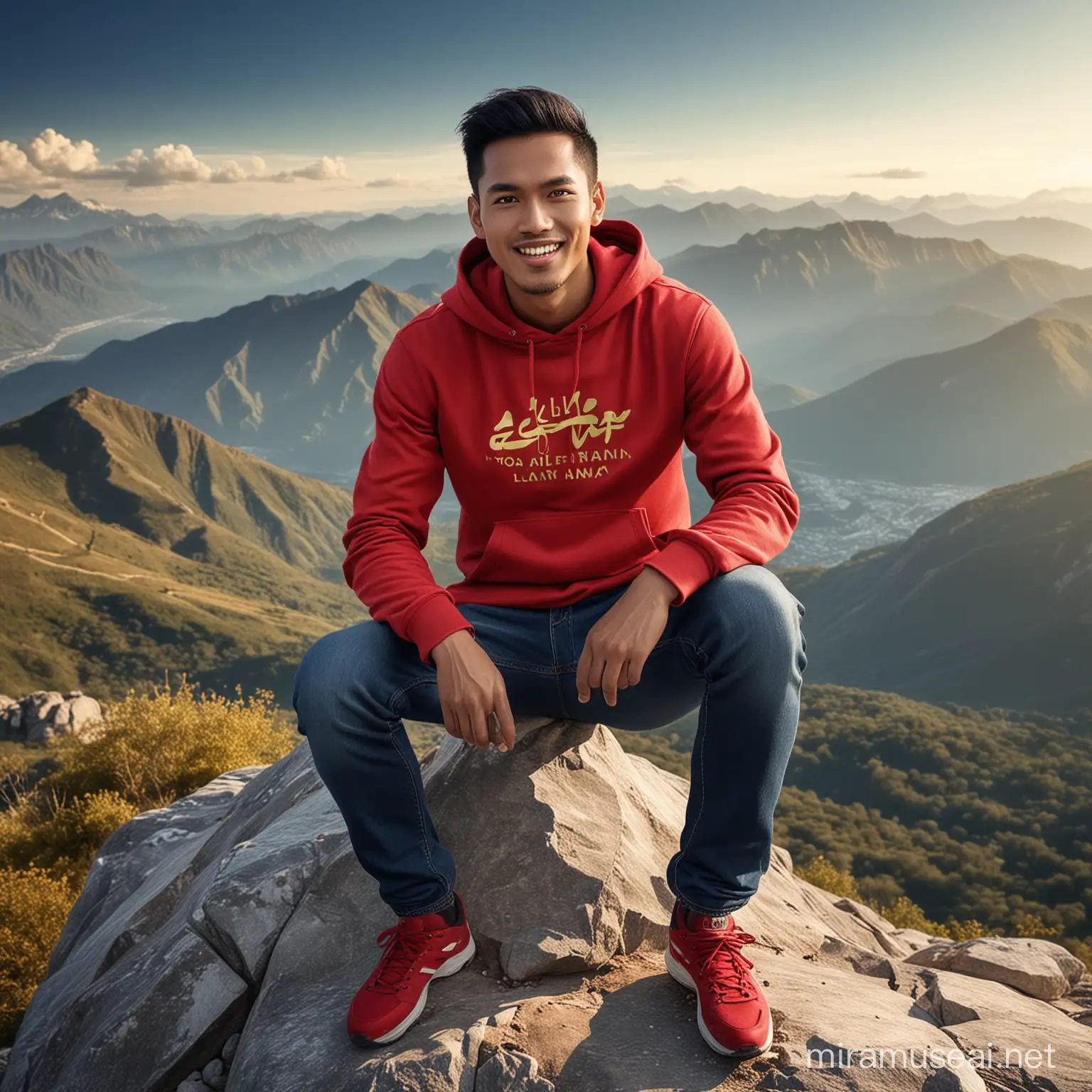 Hasilkan photo ultra HD full seluruh badan, Seorang pria tampan Indonesia memakai hoodie warna merah bertuliskan nama “Alif Lam Mim”, dengan huruf kapital warna emas list hitam, celana jins biru dan sepatu sport merah. Pria tersebut sedang duduk di atas gunung, melihat pemandangan di bawahnya sambil tersenyum kecil ke kamera. Latar belakang gunung yang tinggi dan pemandangan yang indah dibawahnya, efek cahaya sejuk sedikit panas. Gambar sangat akurat dan wajah sangat asli, jelas.