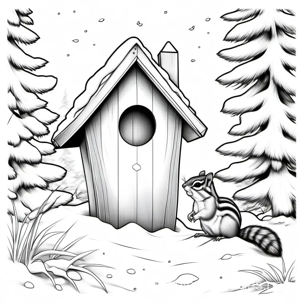 Maine-Chipmunk-in-Snow-with-Birdhouse-Coloring-Page-Line-Art-for-Simple-Coloring-Fun