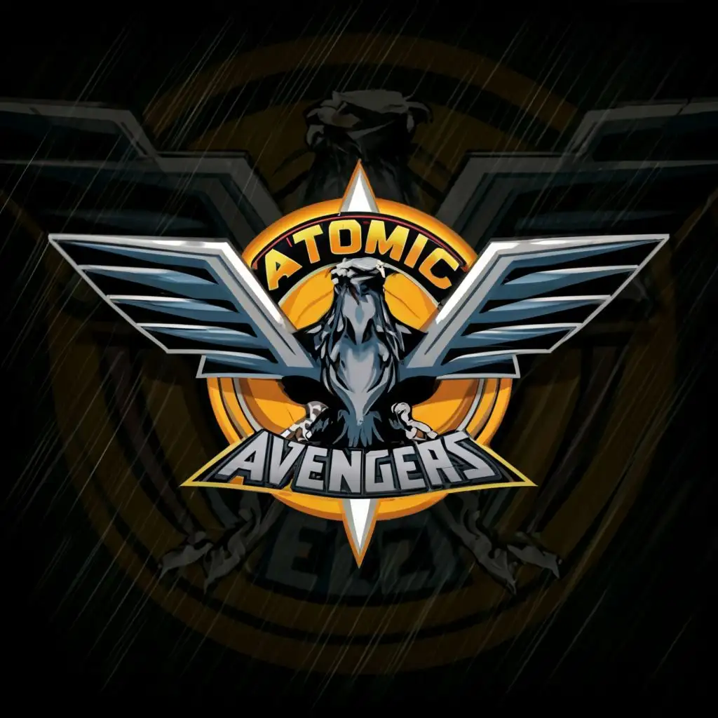 logo, Falcon, with the text "Atomic Avengers", typography, be used in Entertainment industry