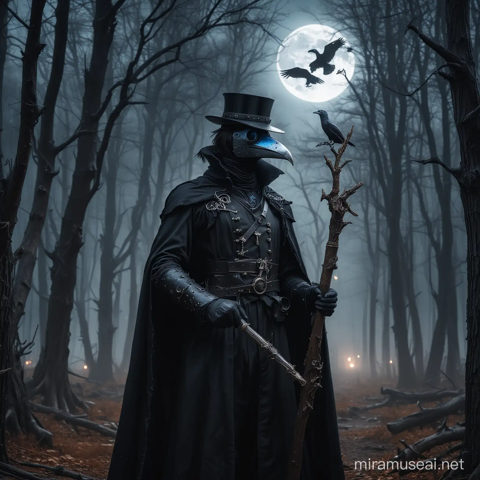 a steampunk plague doctor in black clothing with blazing blue eyes shining through raven mask, bearing the staff of hermes in a haughty pose in a dark forest with dry trees and a full moon, high quality, rich in details