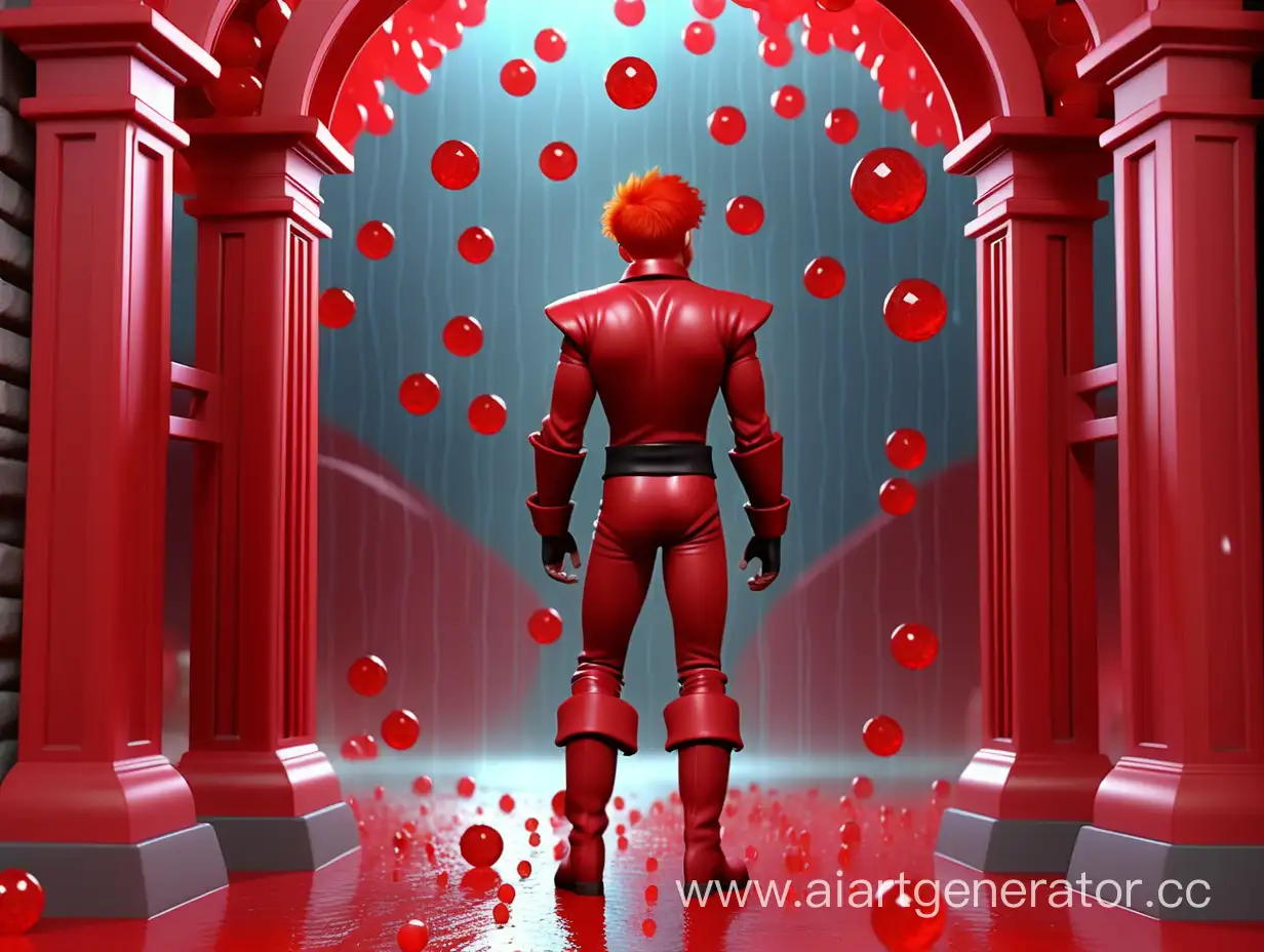 на красном  фоне  в красном   цвете  парень гнев с красными   волосами, красным костюмом и красными ботинками стоит под воротами а на него льется дождь из красных кристальных шариков которые лежат на полу
 3д анимация  
