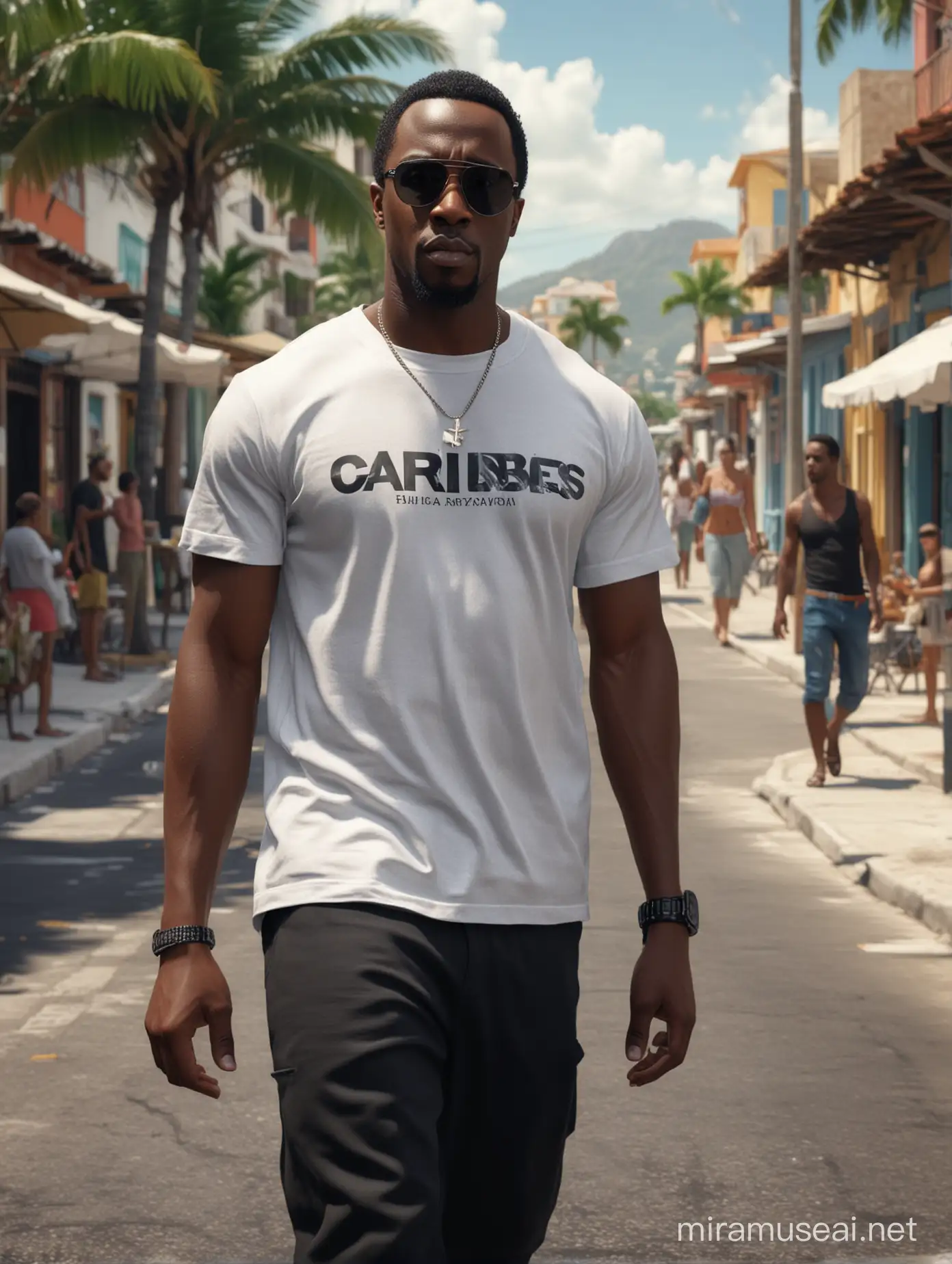 create a 32k hyper realistic african american man with very similar features as P.Diddy wearing sunglasses is walking A hyperreal, photographic, 8k, digital image very beautiful african american woman mixed race wearing a a casual black tee-shirt written *AFRICANA TV CARAIBES*(spelled correctly)  and a black pants, walking, beautiful carribean street backgound.*AFRICANA TV CARAIBES* is written in white. highly detailed.UHD image, natural beauty realistic shot.hyper hd detailed.hyper realistic, with a cinematic quality.8k. --s 1000 --v 6.0