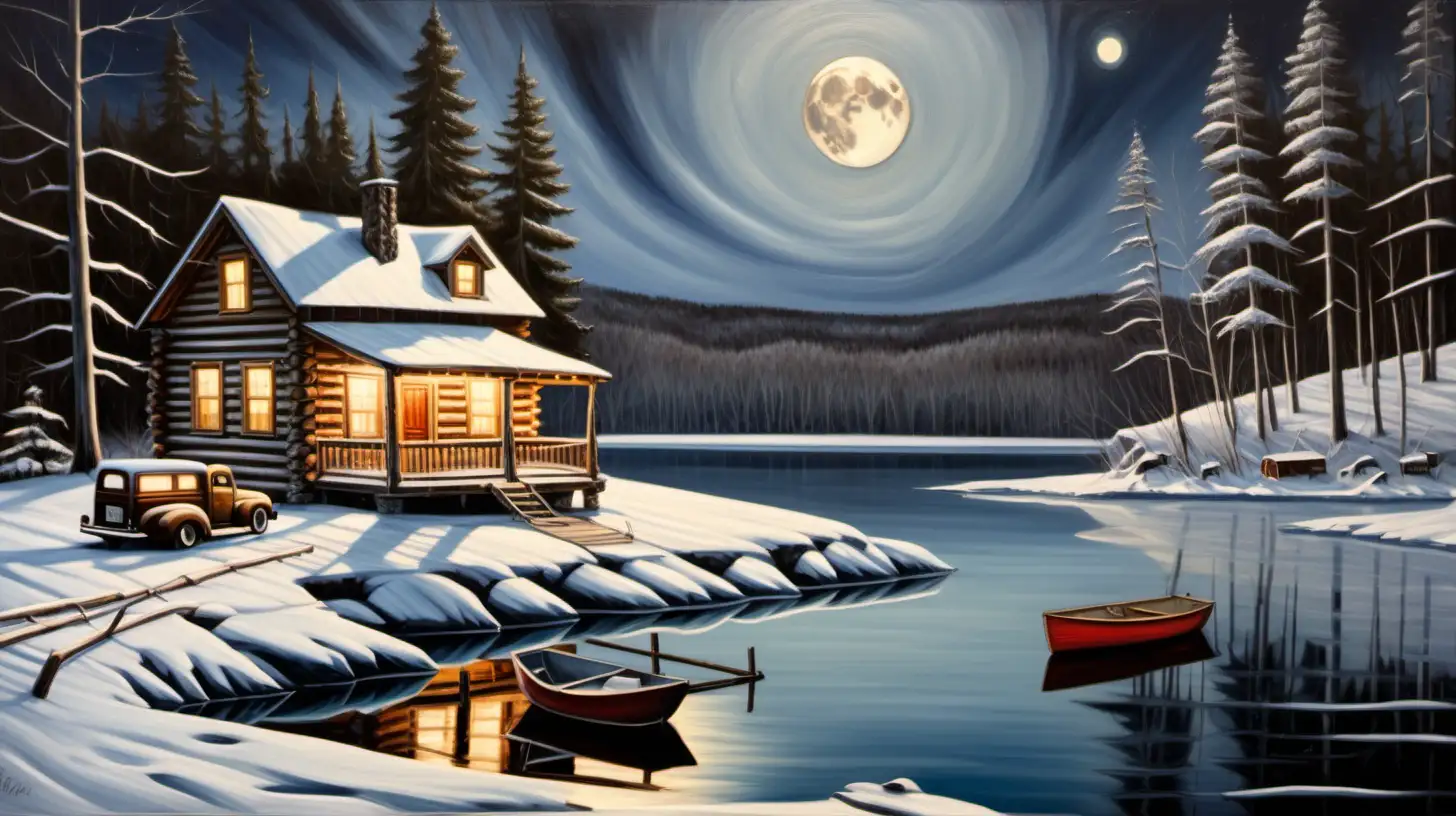 oil painting of old log cabin on short cliff, on frozen lake, forest, old dock ,  full moon,  winter snow, old 1940 pickup truck
