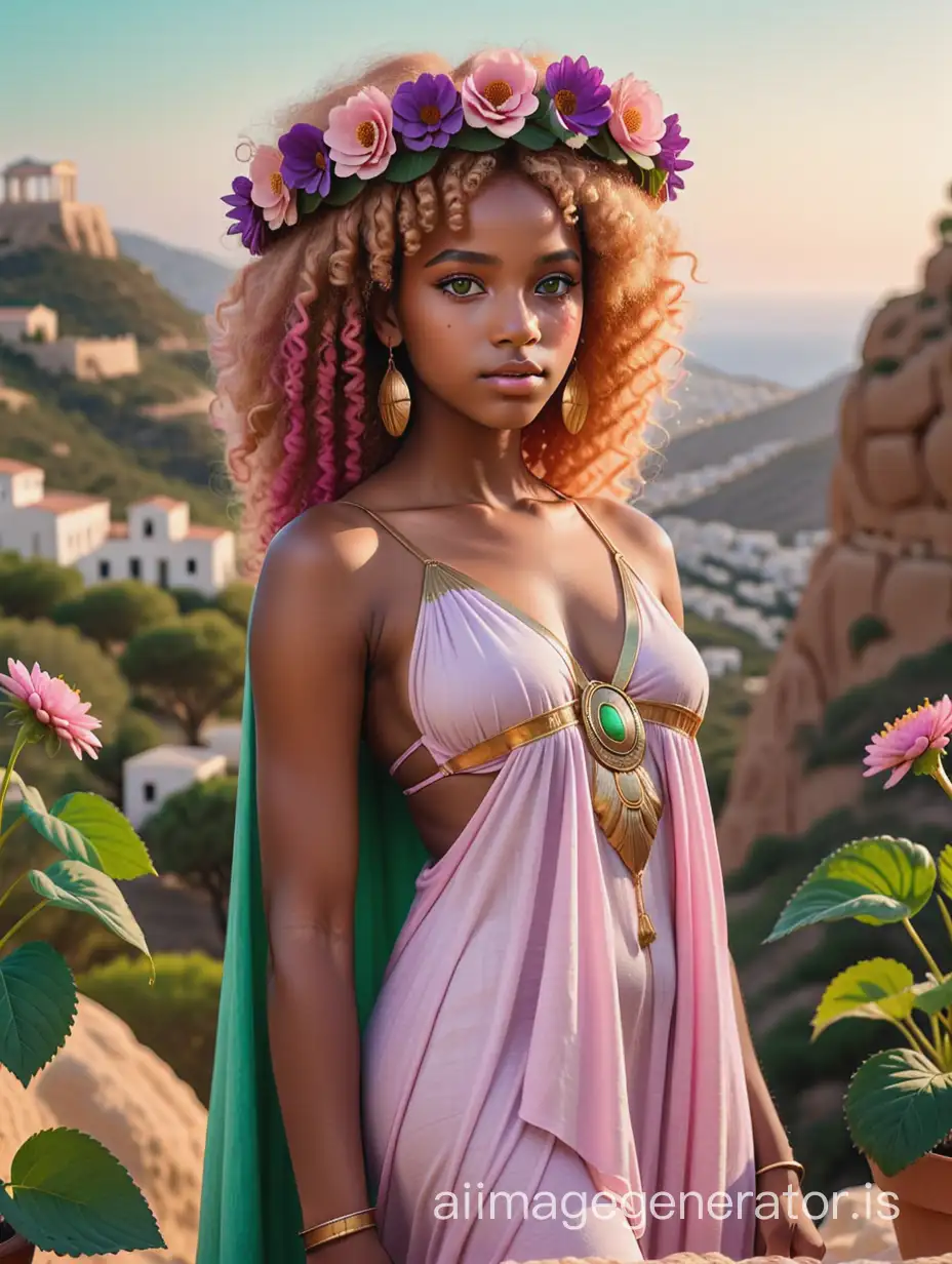 A young black Greek Goddess with a flower crown. She has hazel eyes and a  strawberry blonde afro. Wearing a loose Ancient Greek chiton that is pink, green, and purple. Full body portrait.

