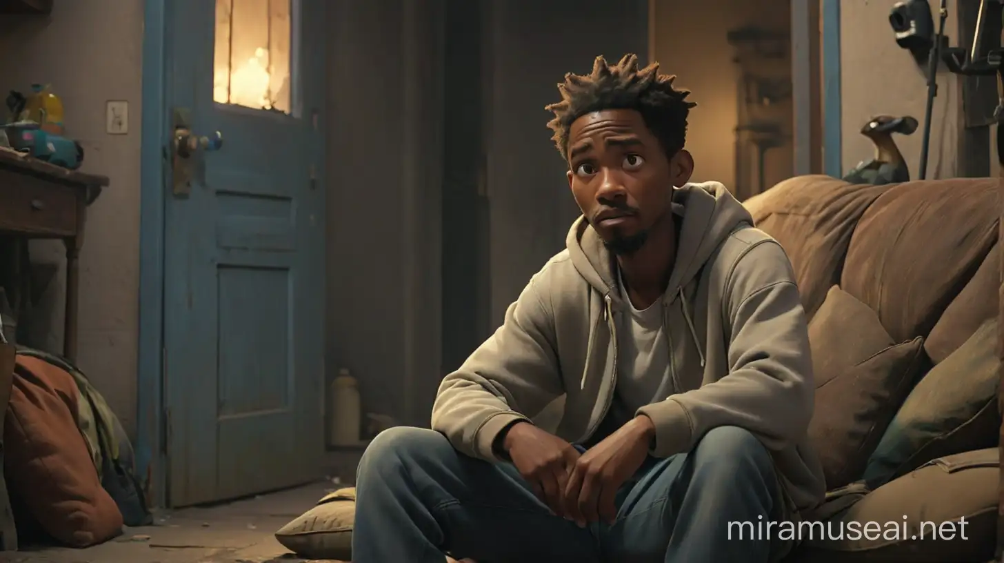 create an image of a very poor African -American  man  living in the ghetto in Compton California sitting on a couch  in the trap crack house and his African- American best friend  stands in the doorway looking back as he leaves out the door.
 illumination, Disney- Pixar style illustration 3-D Animation, 4k