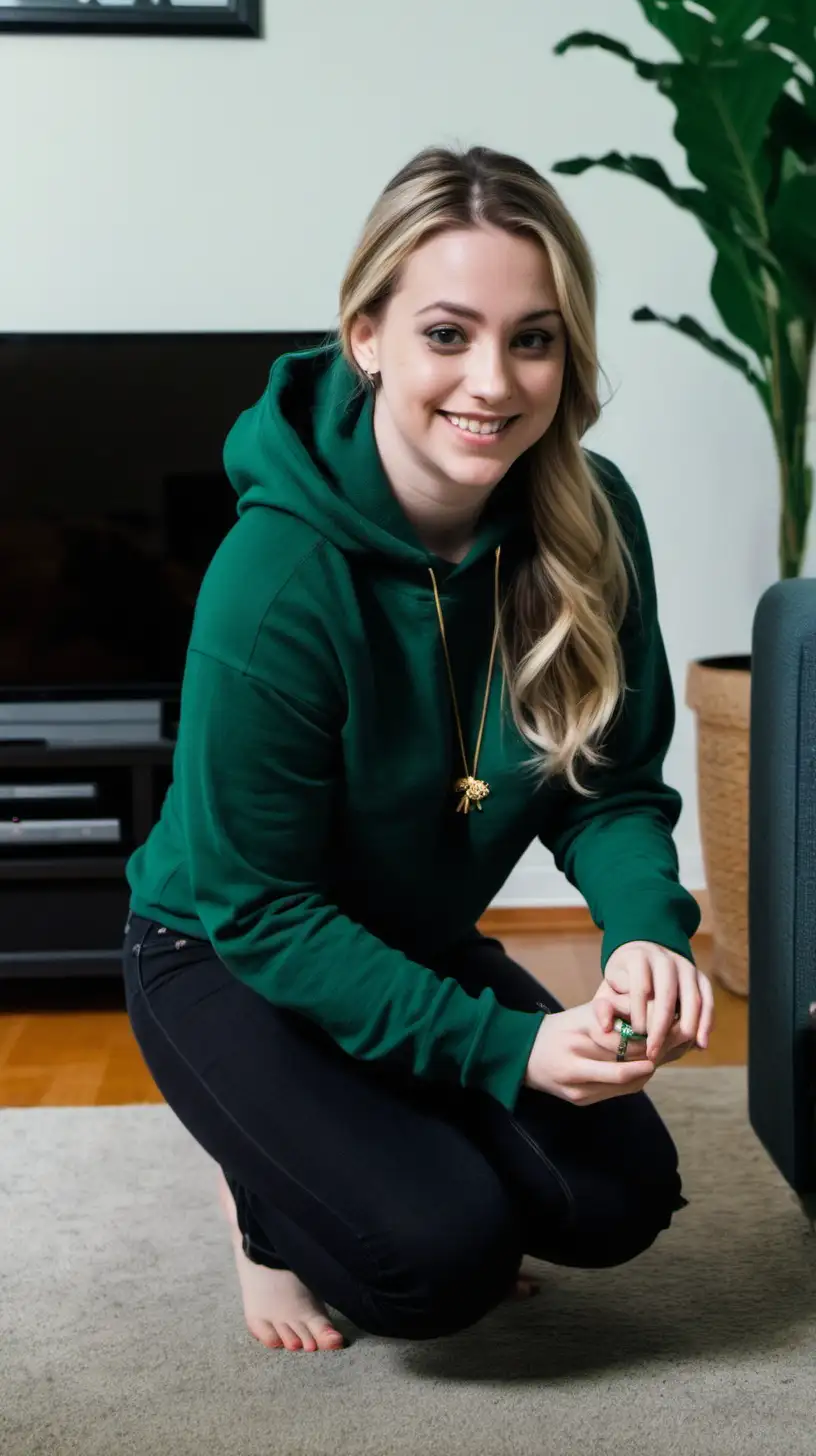Smiling Woman in Dark Green Hoodie Kneeling in Cozy Living Room