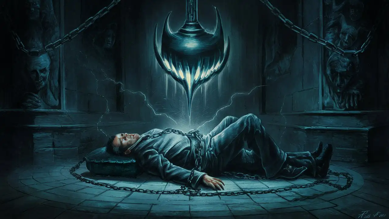 Gothic image from the story  "The Pit and The Pendulum" with a man chained up underneath a large, shiny sharp pendulum