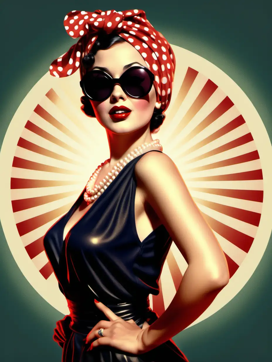 Woman with flare, in a sassy pose, red glossy lips, big dark sunglasses and a head scarf Hollywood style. Hollywood Pinup style of the 1920's. vintage. no arms no hands. circle of light behind the womans head. Realistic illustration