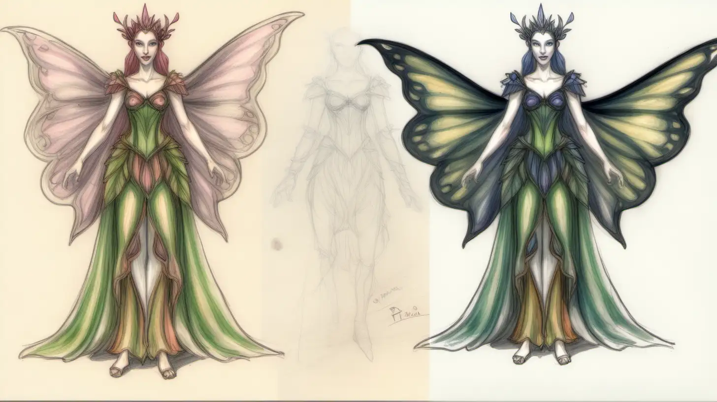 Costume design sketch of Titania from A Midsummer Knight's Dream made with colored pencils, black ink and watercolors. 