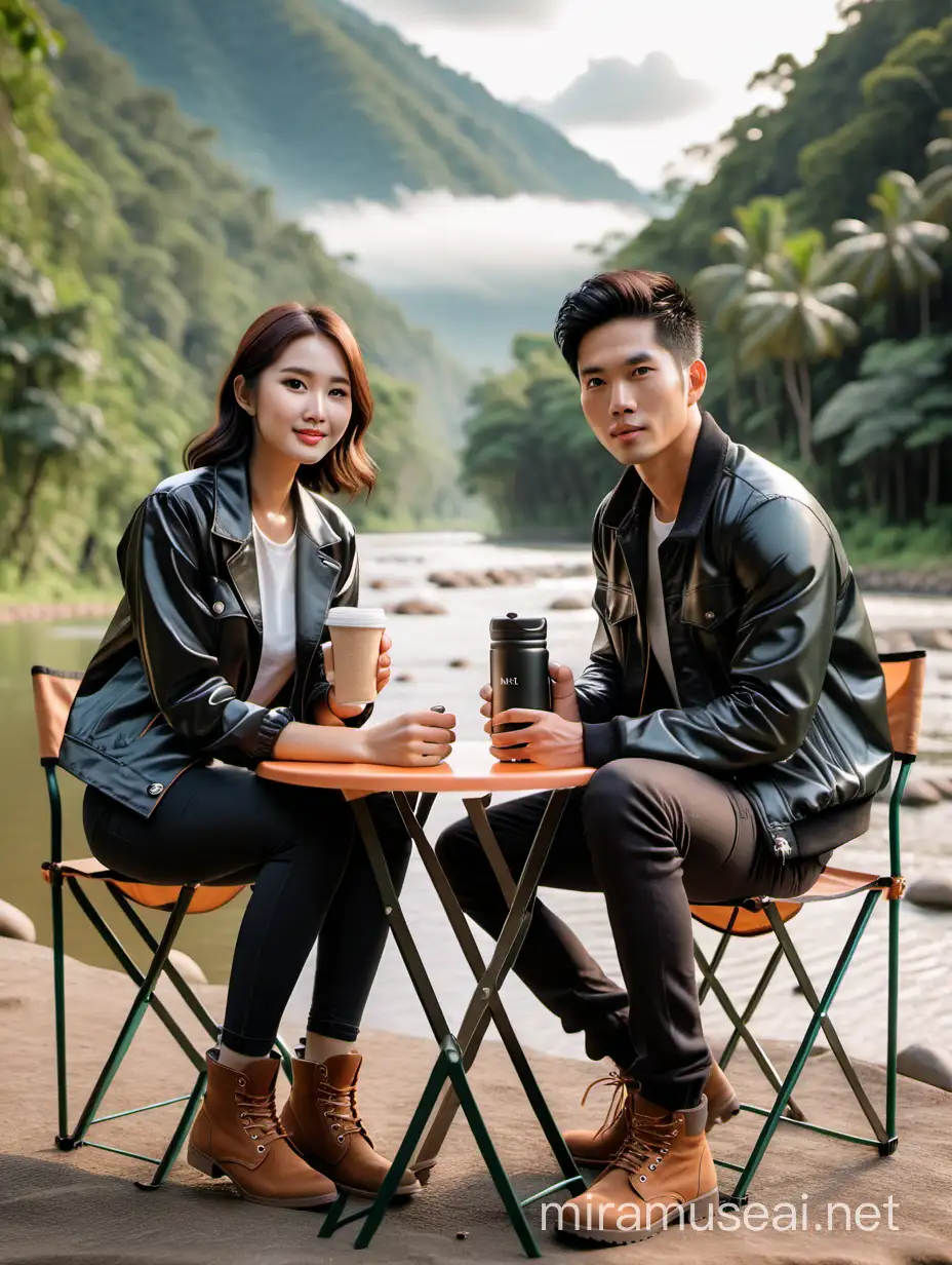 Asian Couple Enjoying Coffee by Forest River Romantic Outdoor Scene