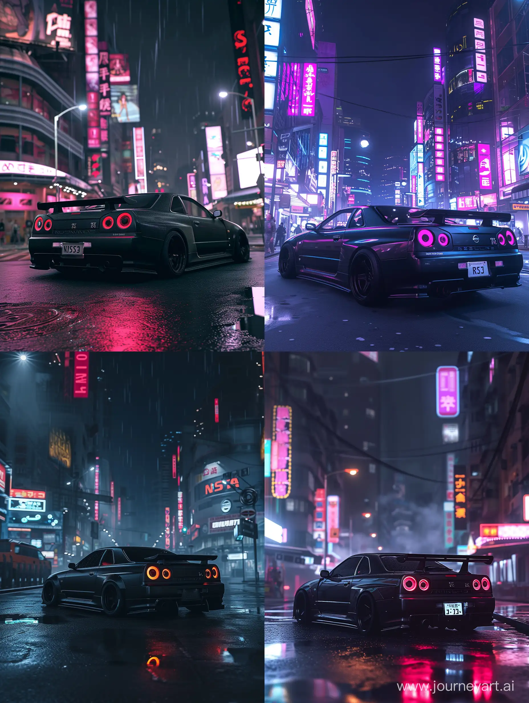 Futuristic-Cyberpunk-Cityscape-with-Matte-Black-Nissan-GTR-R33-at-Night