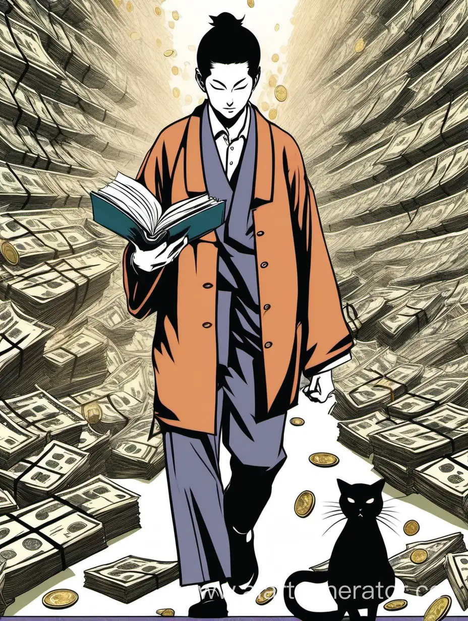 человек с японской кошкой идущий к деньгам с книгой в руках