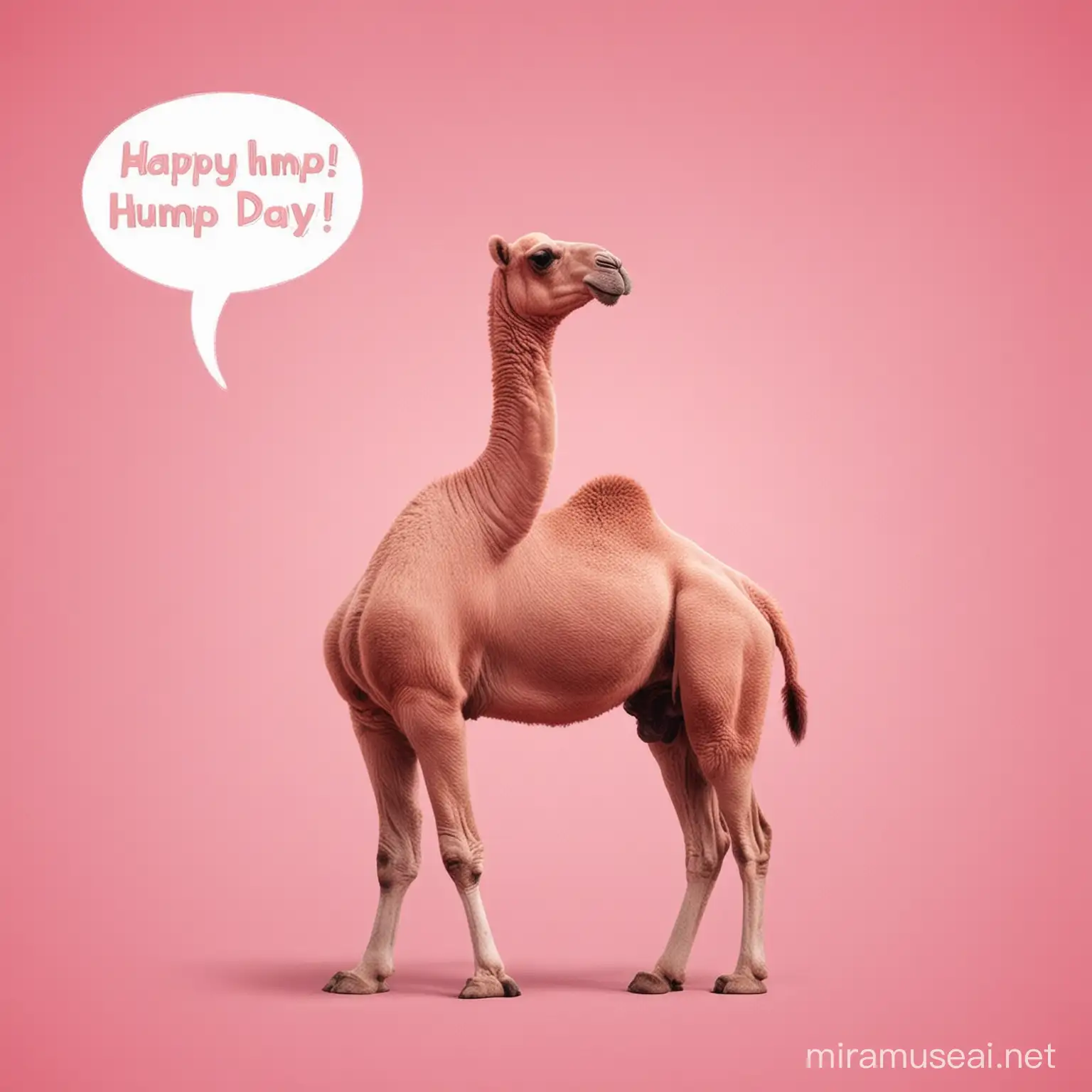 A pink camel with a text bubble having it say "Happy Hump Day!"