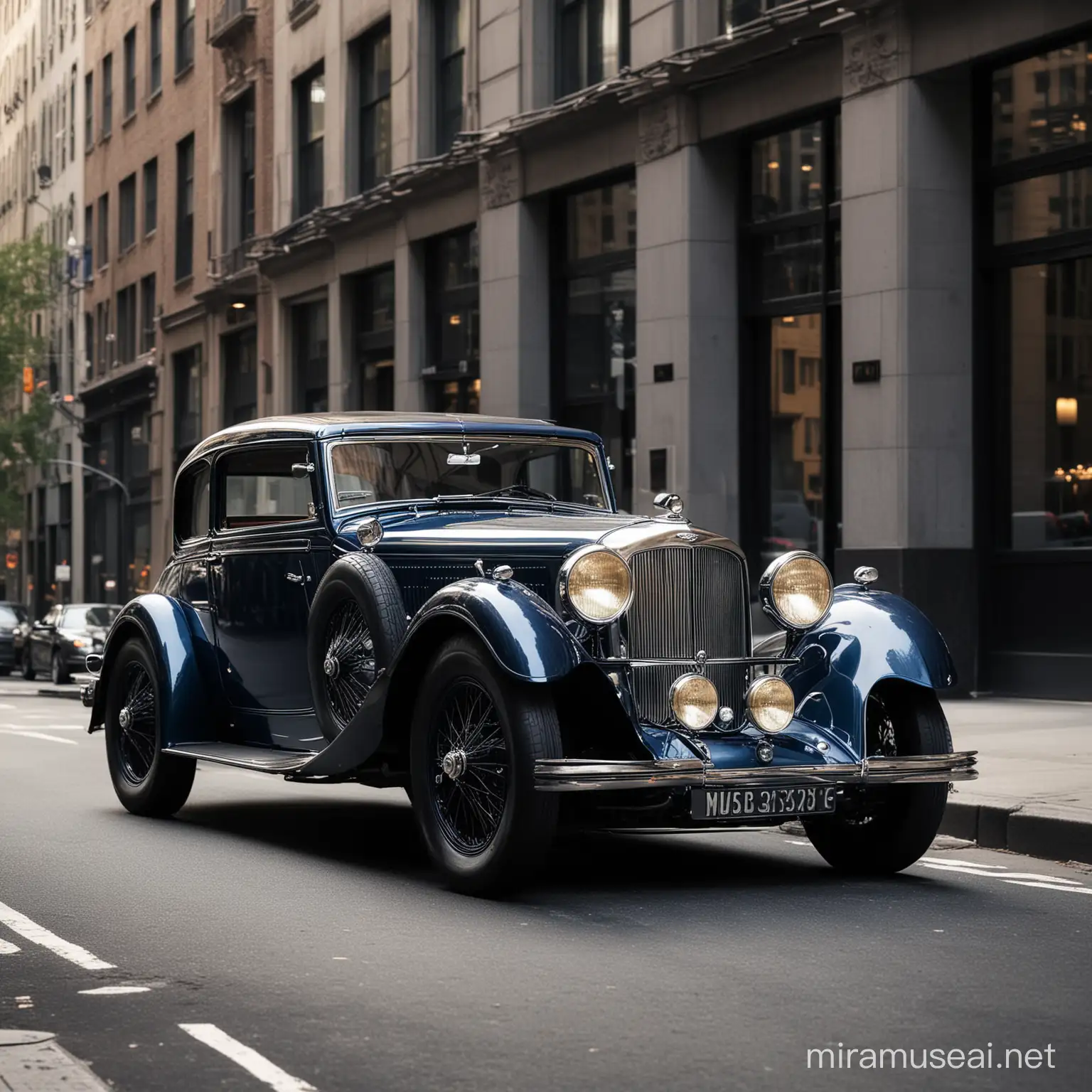 Aston Martin 1932, Clásico, color azul gris oscuro, estacionado en una calle de New York City, a las 5 de la tarde, la disposición de la escena fotográfica en perspectiva hace que la luz ambiental y este coche resalten de muy bella manera.