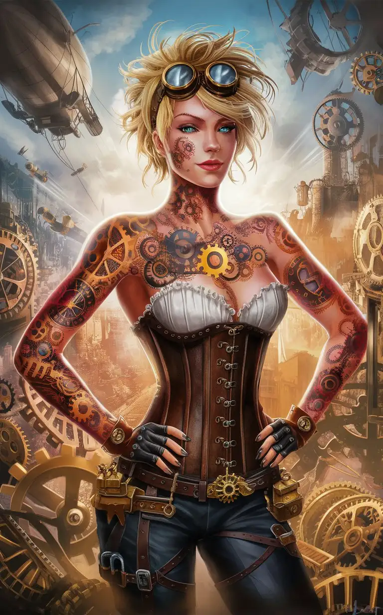 "Envision a full-body portrait of a blonde figure exuding a steampunk aura. The character stands confidently, adorned with intricate tattoos that tell tales of mechanical wonders and the romance of steam-powered machinery. The tattoos are alive with vibrant colors and depth, showcasing gears, cogs, and clockwork that seem to be in motion, as if part of the skin's machinery. The attire is a blend of Victorian elegance and industrial functionality, featuring leather corsets, brass fittings, and goggles resting atop messy, yet stylish hair. The background hints at a world where steam technology reigns, with flying airships and sprawling metropolises powered by steam and cog. The overall composition is dynamic, detailed, and harmonious, capturing the essence of a steampunk fantasy."