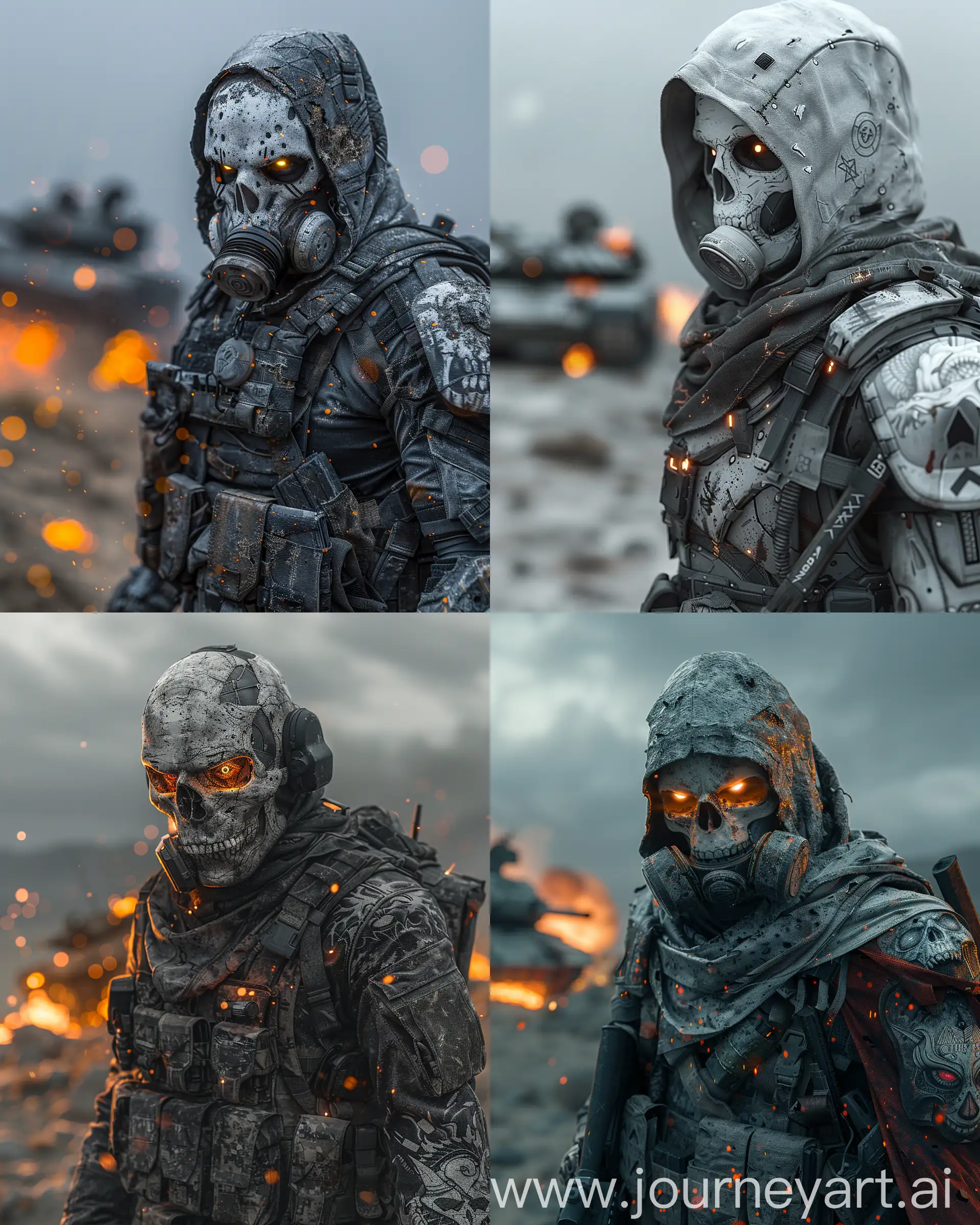  Photography portrait of Call of duty soldier with white skull gas mask, futuristic hi-tech armor and heavy long rocket weaponry, desert with tank explosion , overcast, reflection mapping, intricate design and details, dramatic lighting, hyperrealism, photorealistic, cinematic, glowing eyes and Skelton tattoos covers his face, sharp details, body dragon tattoo. hyperrealism, hyperrealistic,  32K UHD HDR --ar 4:5 --style raw --s 1000 --v 6.0