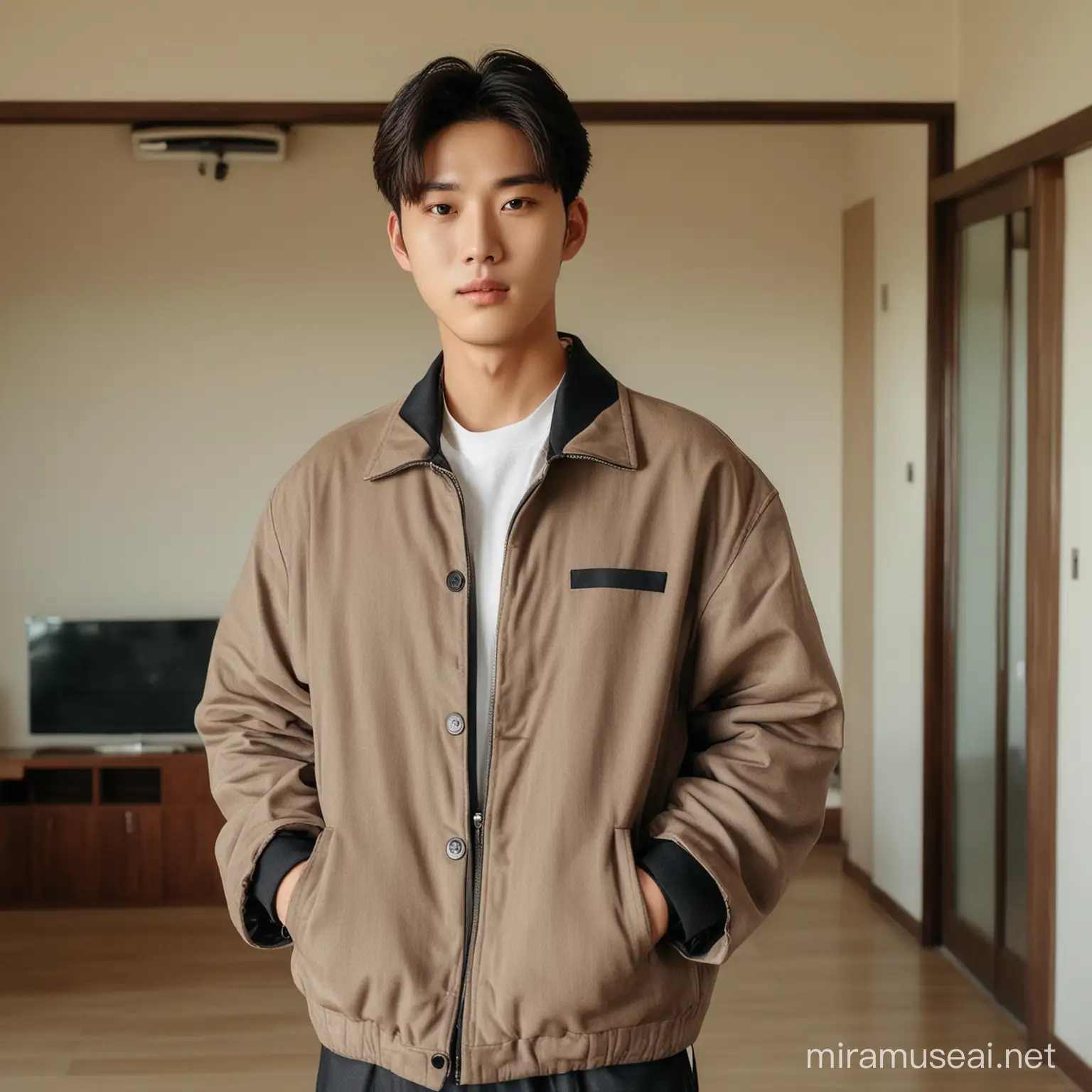 Seorang pria muda korea berwajah handsome sedang berdiri dengan memakai jaket rapih didalam rumah