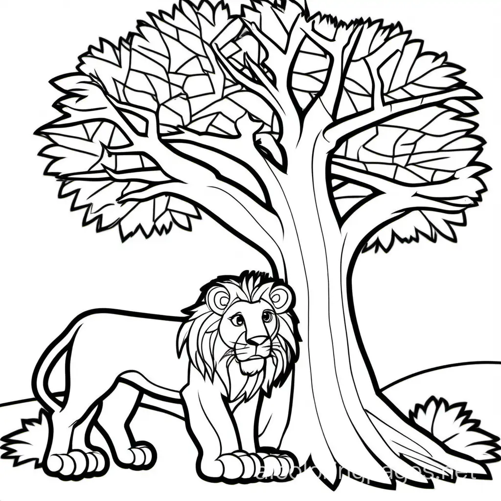 Lion-Coloring-Page-Majestic-Lion-Resting-by-Tree-Black-and-White-Line-Art