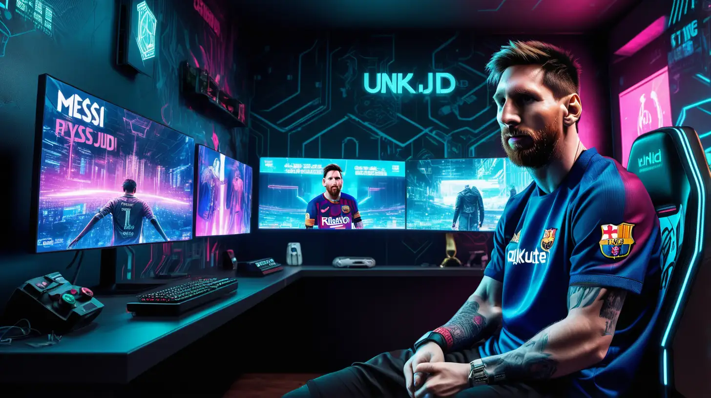 messi in cyberpunk gaming room with UNKJD advertisements