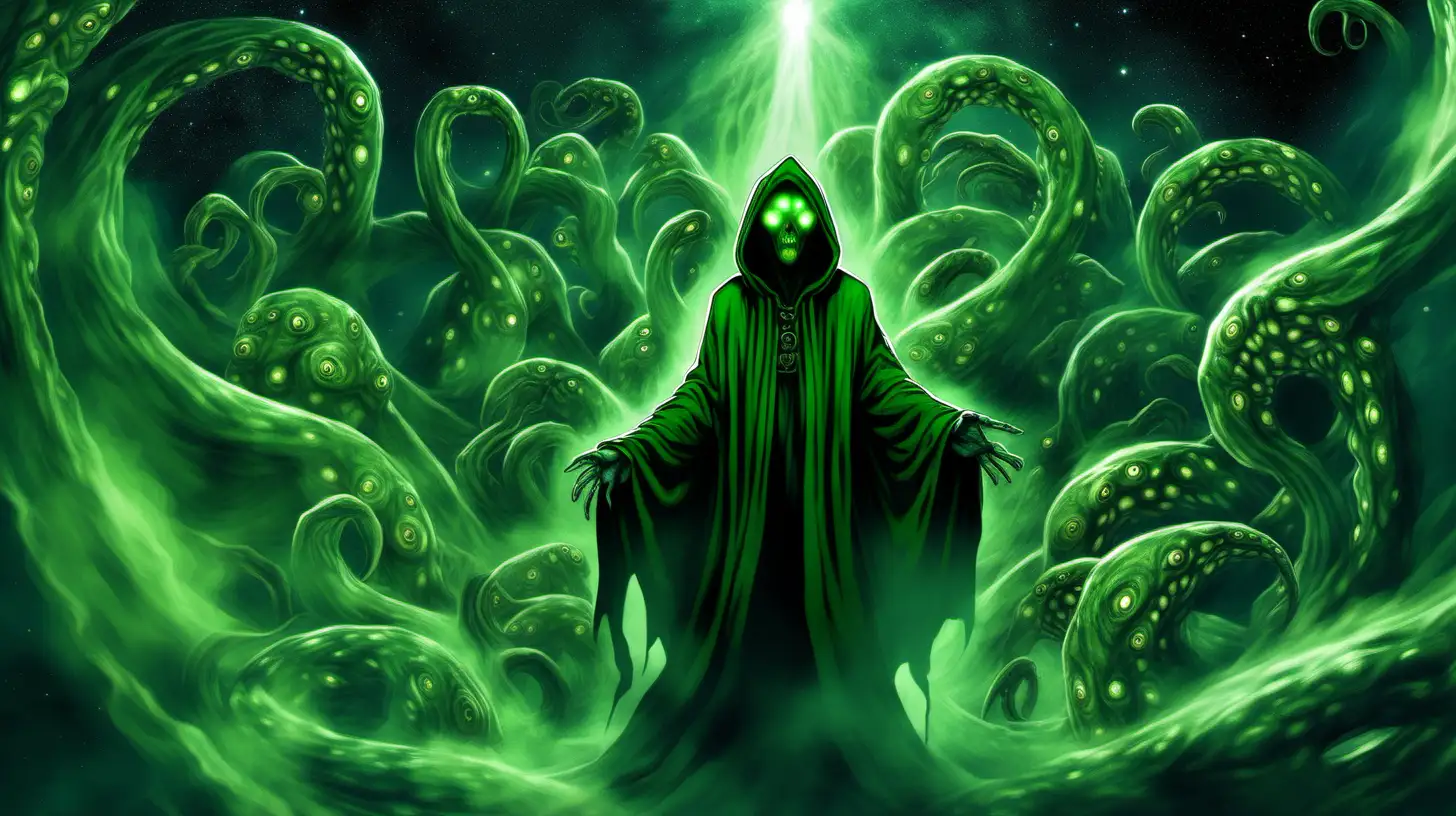 figure in a green hooded cloak, with six glowing eyes, shadowed face, floating in space, tentacles, no mouth, monstrous face, mysterious, scary, king, god, full body, realistic, alien