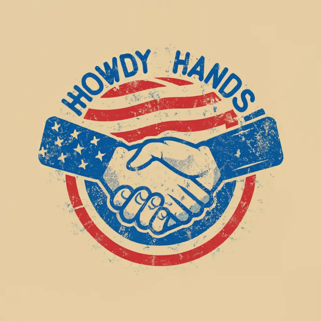 a logo design,with the text 'Howdy Hands', main symbol:realistic looking handshake with a spray paint can in the background behind the handshake. american flag design,Moderate,clear background