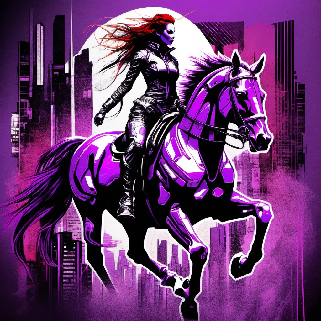 Design a bold and dynamic mixed-media artwork portraying a beautiful woman on a beautiful horse, a futuristic dystopia blending elements of cyberpunk and abstract expressionism, influenced by the styles of the gritty urban landscapes of tomorrow with {purple} and {red}.