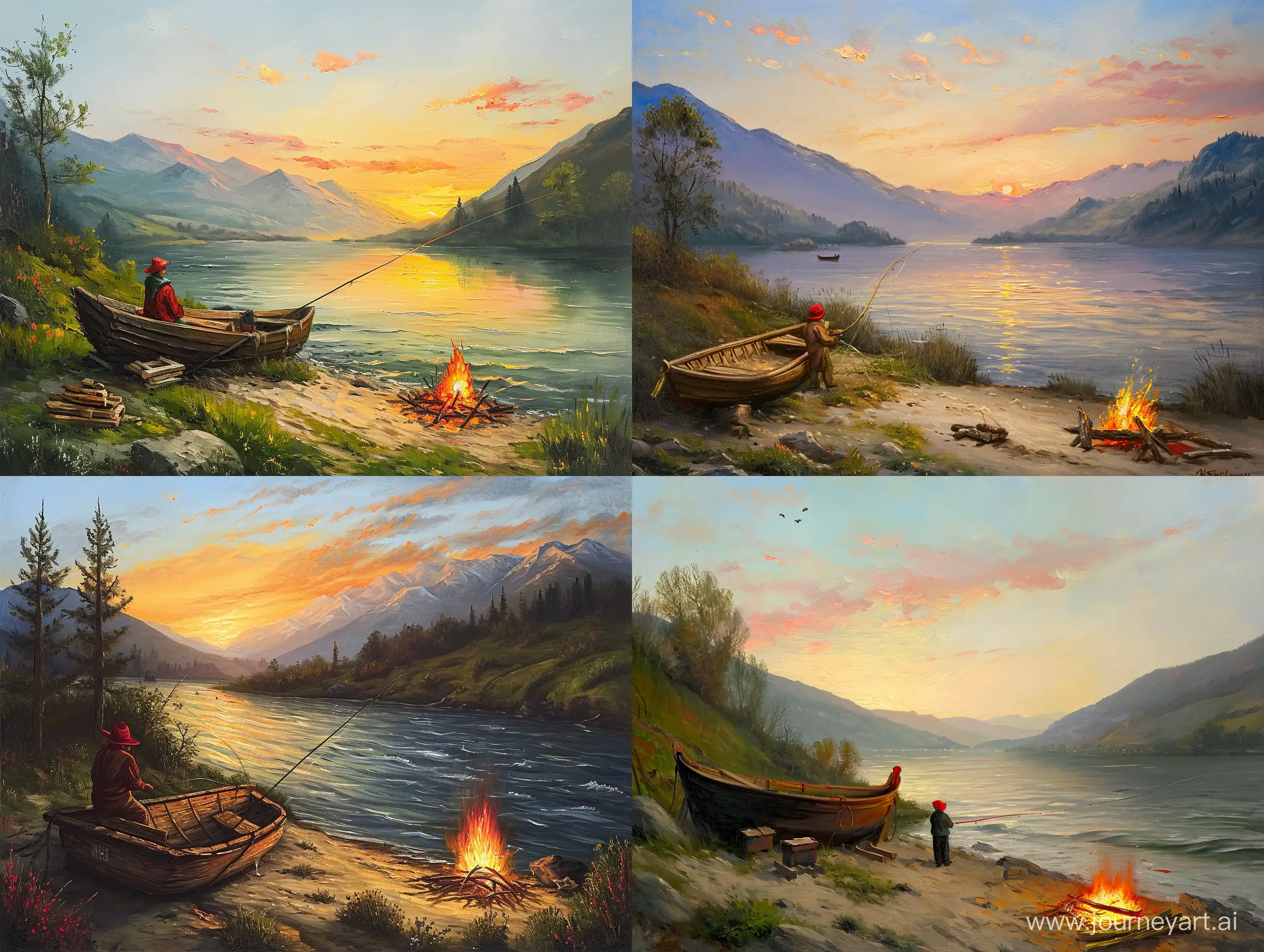 Картина Рыбак рыбачит у реки на фоне гор, вечерний закат, у рыбака красная шляпа, на берегу деревянная лодка, рядом горит костер