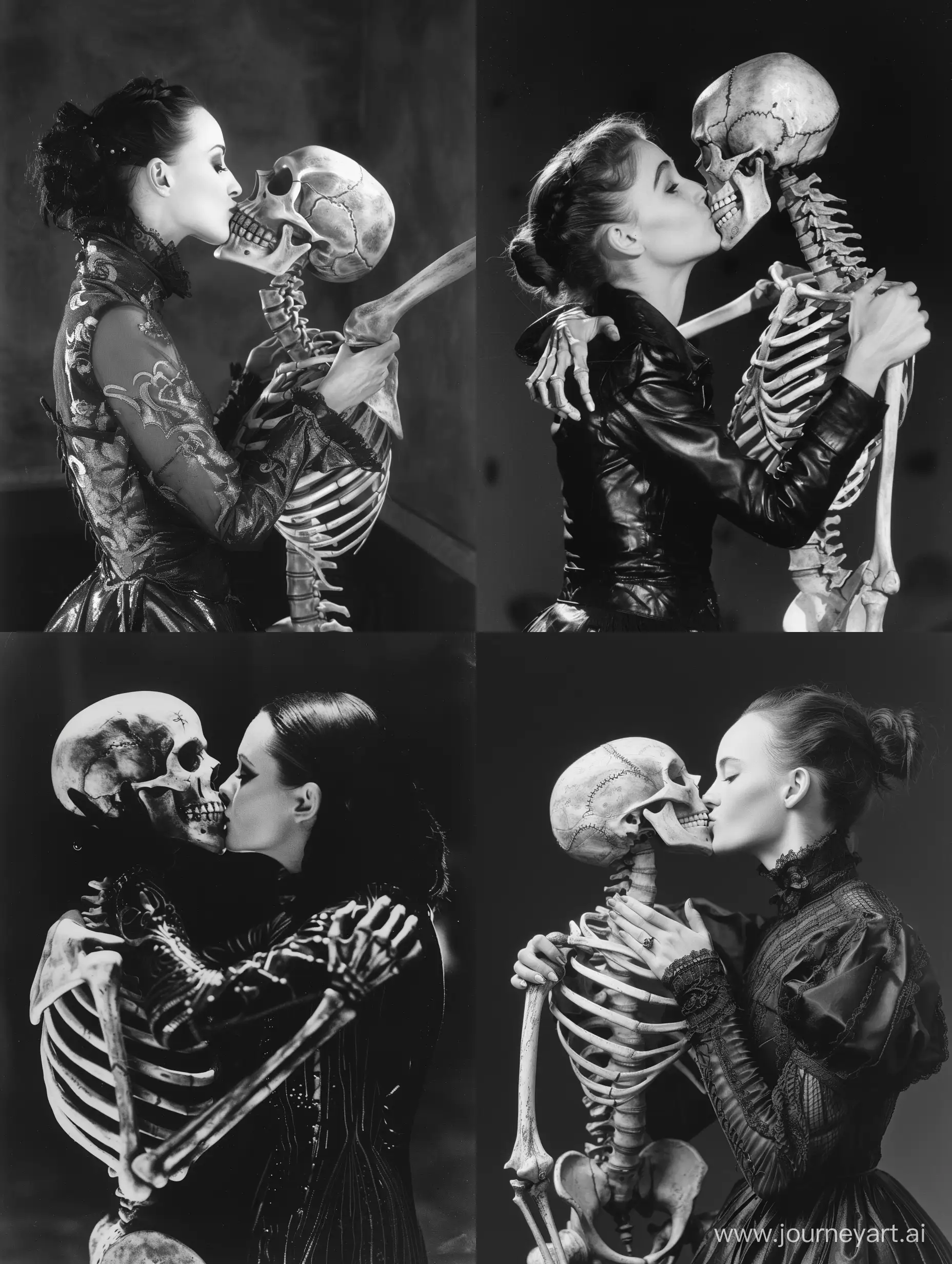 Goth-Woman-Embracing-Skeleton-in-Macabre-Affection-on-Dark-Background