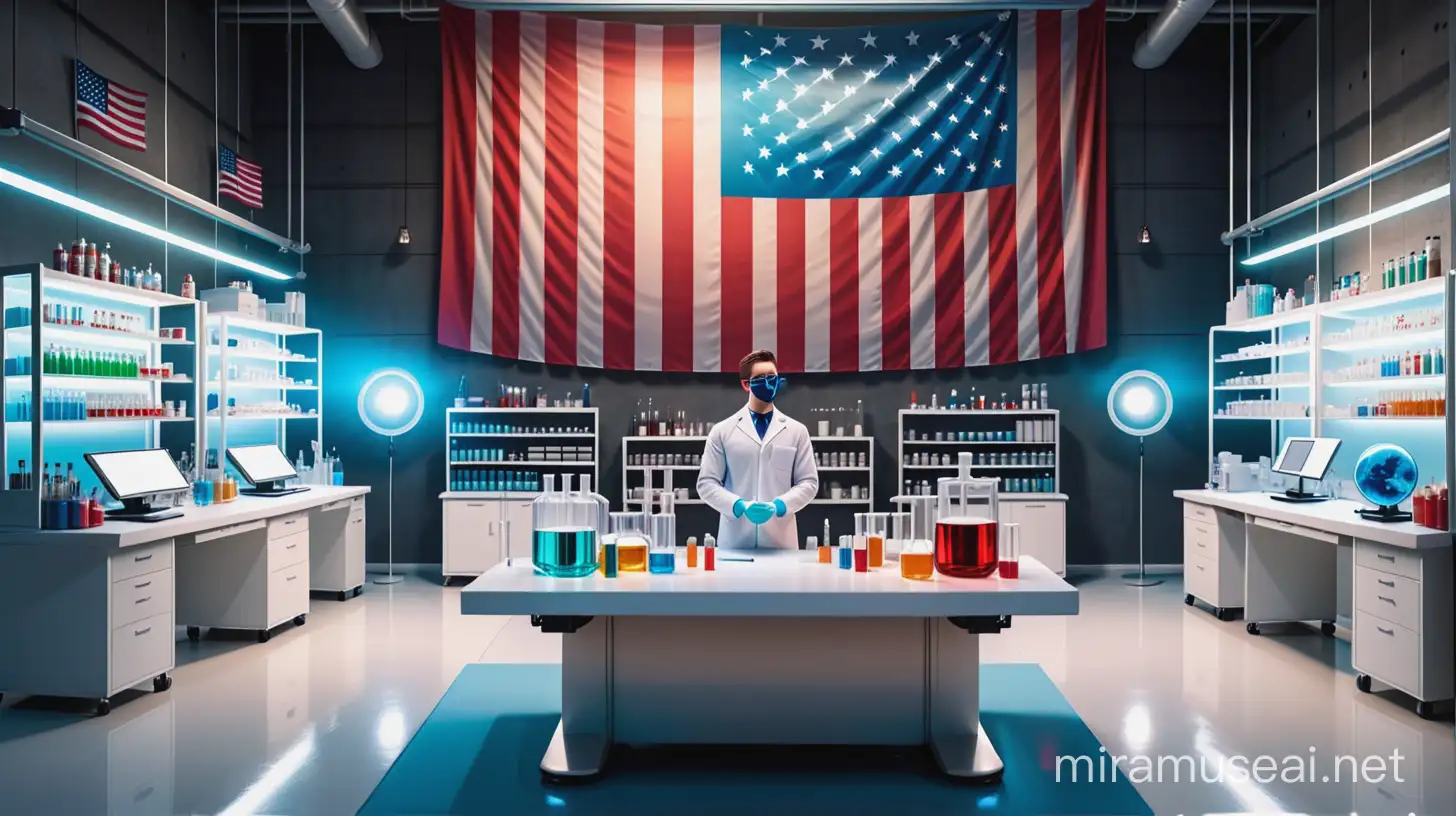 wide background. no people. lab. clinical laboratory. technology. futuristic. creative. fun. fantasy. magical. god. heaven. superhero lab. real USA flag. very detailed. lab. creative. party decoration. government. federal.