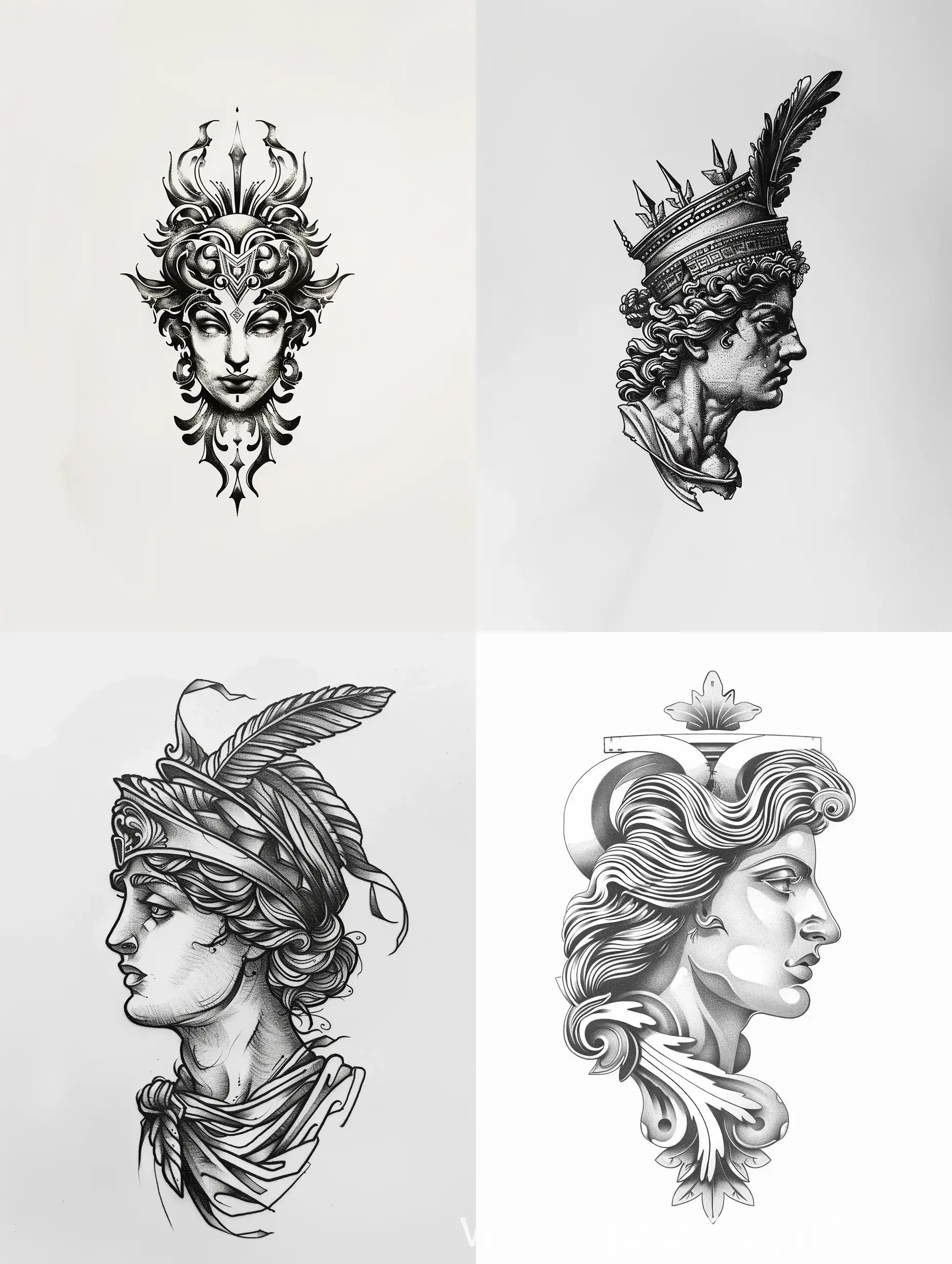minimalist greek mythology, Hera tattoo design sketch, white background, symmetry

