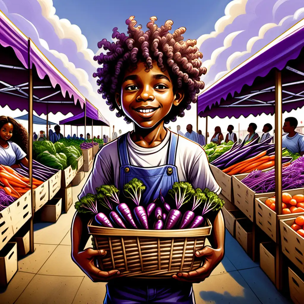 cartoon ernie barnes style african american 10 year old boy with curly hair holding a baskets of purple carrots in the air at the farmer's market 