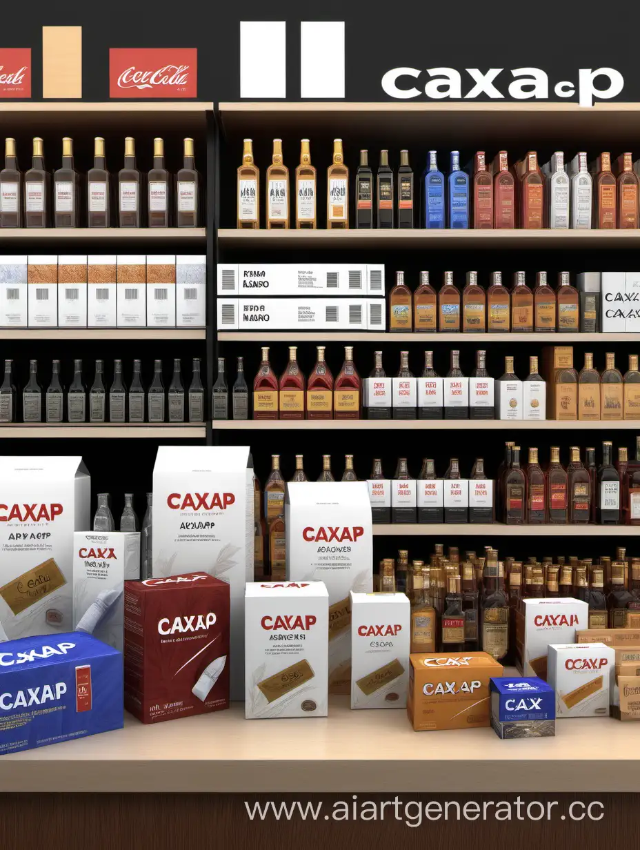 CAXAP пакет,на прилавке в магазине,среди алкоголя,табака,более реализм 
