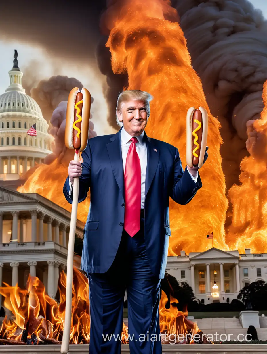 high digital definition photo, Washington DC in flames background, Donald Trump, Holding a stick with a hot dog on it, landscape