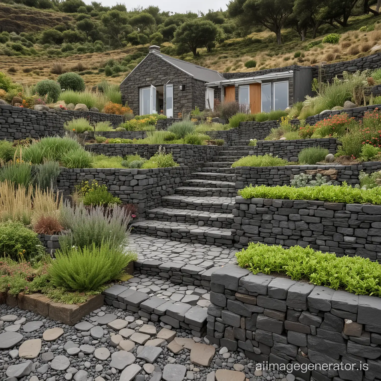 terraced basalt stone herb garden and a small Azorean stone sea cottage, high definition