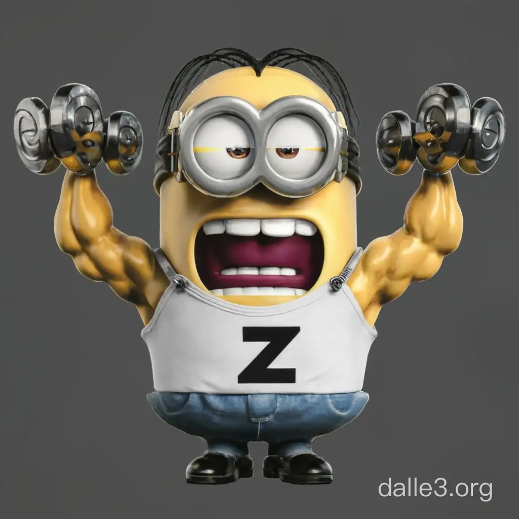 A very pumped up minion who has the most muscles in the world and he has a beard with a white T-shirt with the letter on it Z