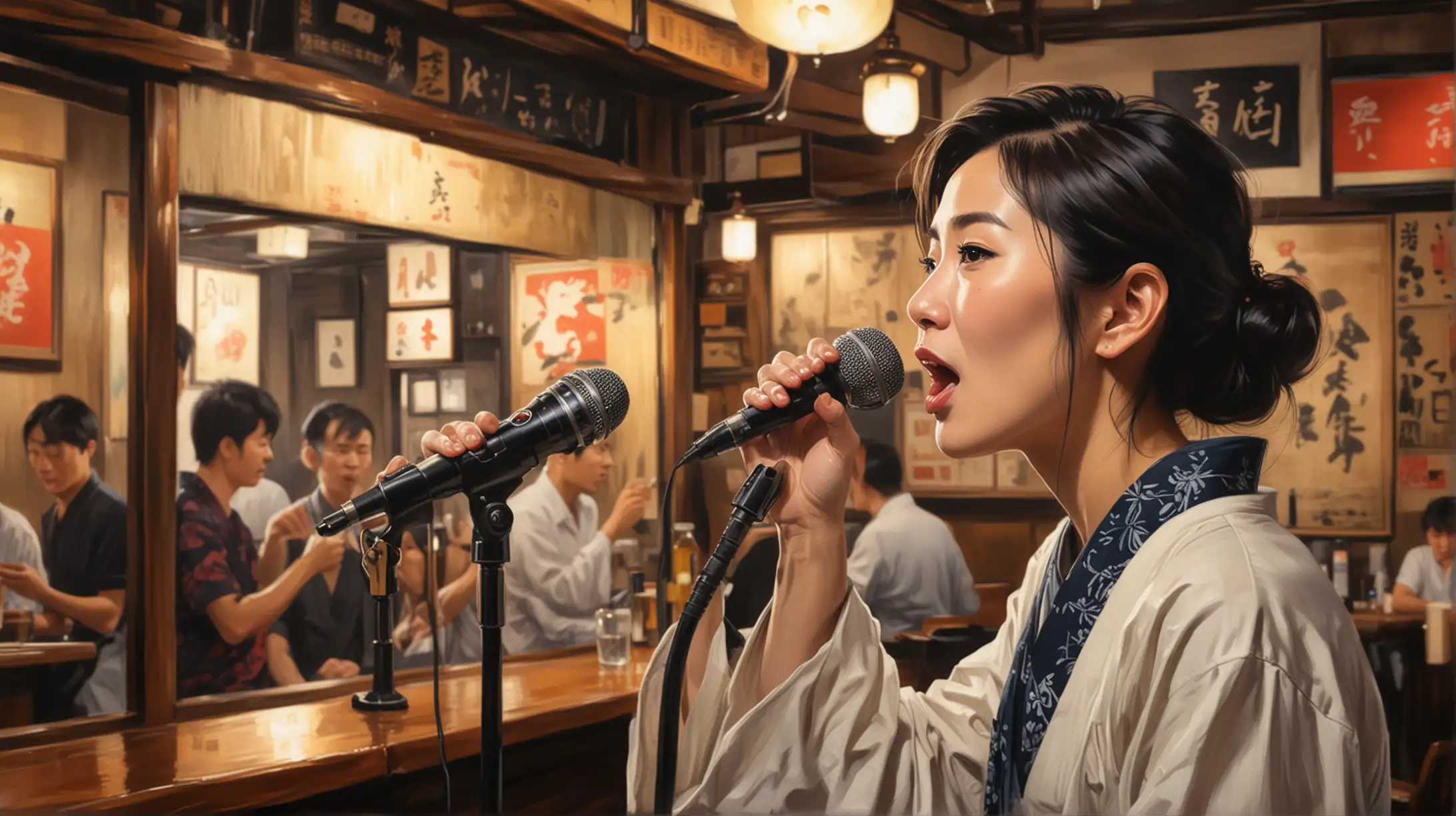 post-expressionist Japanese painting of a 35 year old woman, singing into a vintage microphone, in a packed izakaya bar, lonely but stylish concept with free brush technique, 