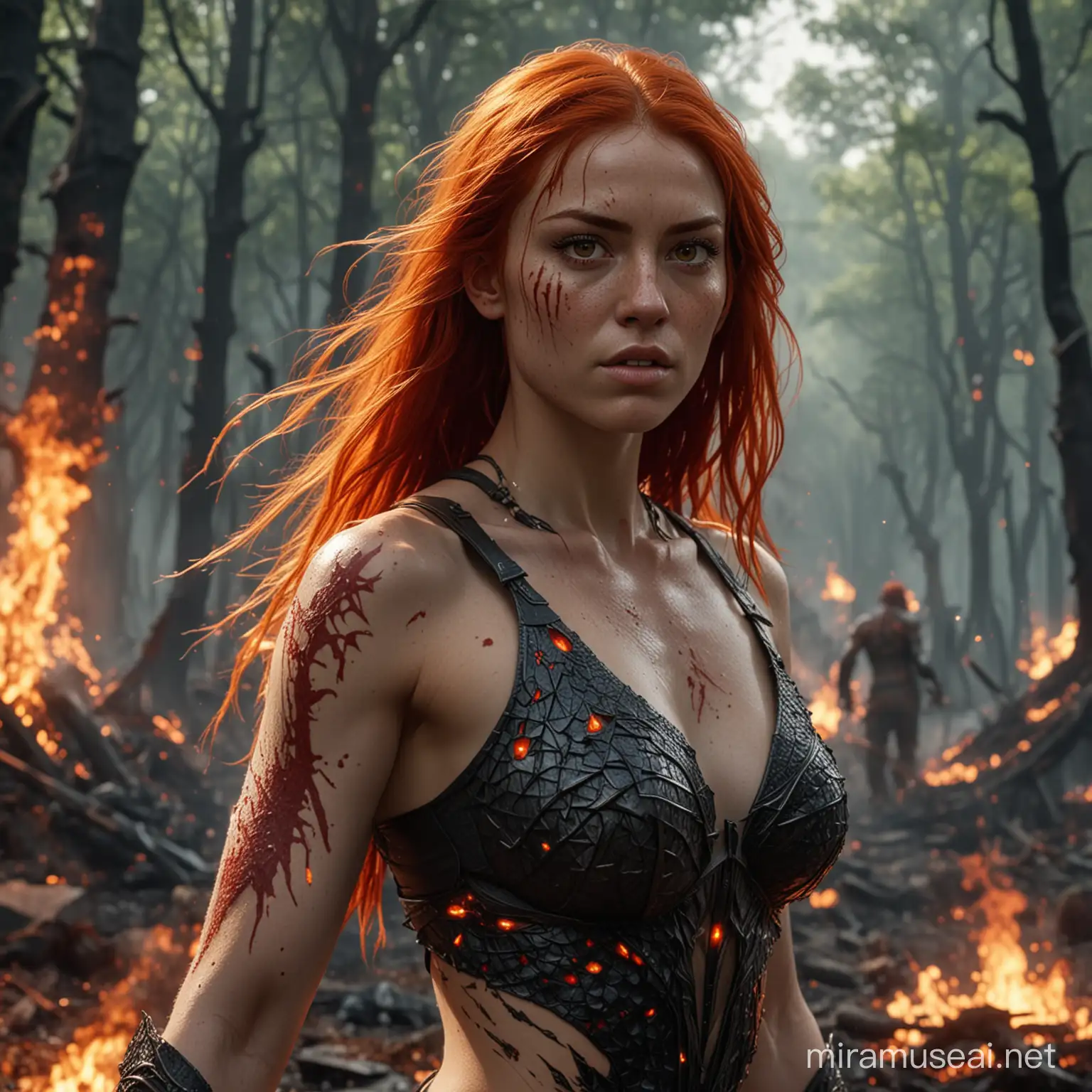 hyperrealistic very high detail 4k full body long shot photograph taken from the left with depth perception, showing a female human with long fiery red hair thin red eyebrows, burning red eyes and face full of freckles, with draconic symbols carved into arms and body, sleeveless open front top made of dragon scales, fighting in a bloody battle in a forest, throwing bolts of lightning from her hands.