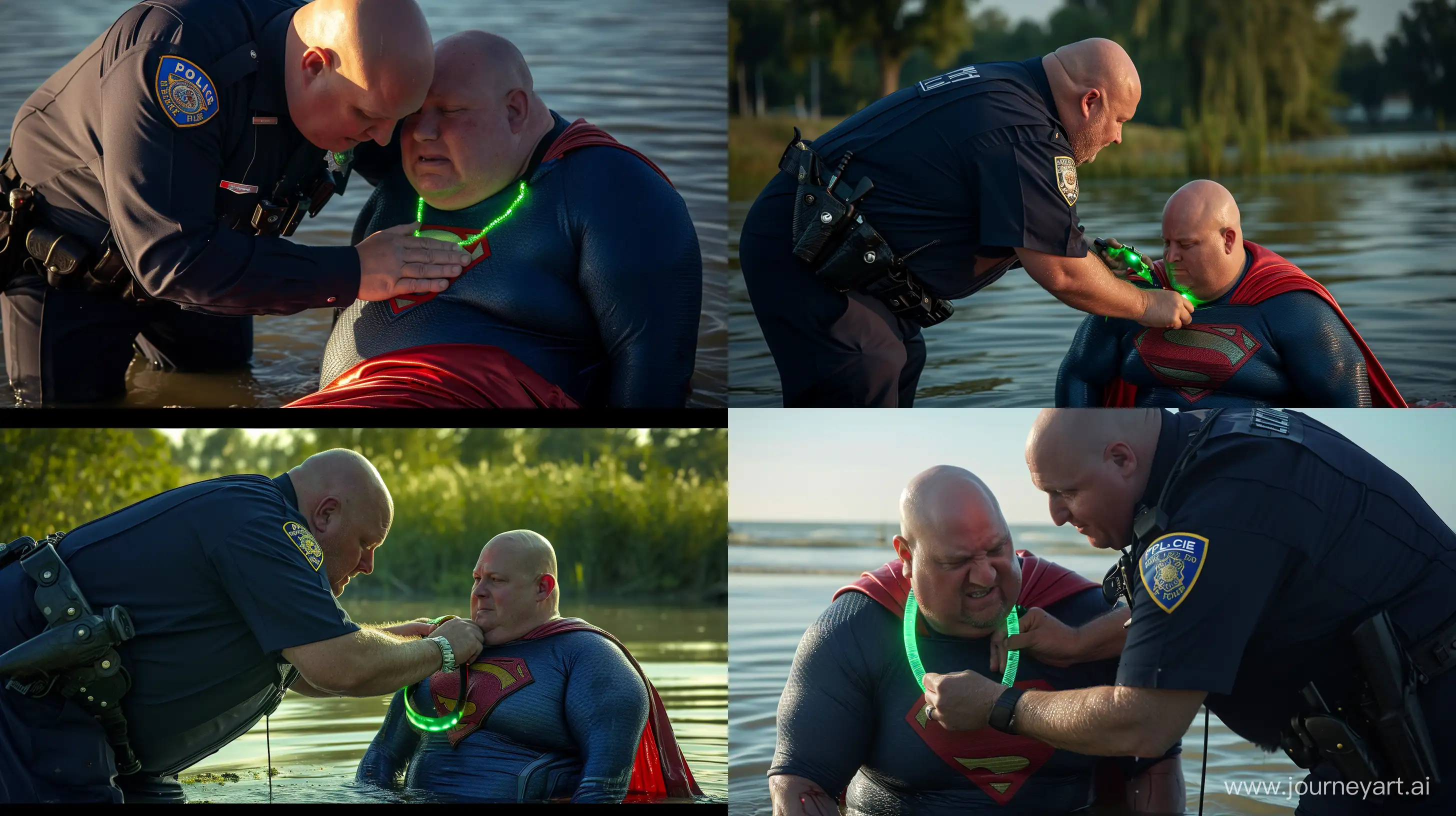 Close-up photo of a chubby man aged 60 wearing silky navy blue police uniform, bending over and tightening a green glowing small short dog collar on the neck of another chubby man aged 60 sitting in the water and wearing a silky navy blue superman costume with a large red cape. Outside. Bald. Clean Shaven. --style raw --ar 16:9 --v 6
