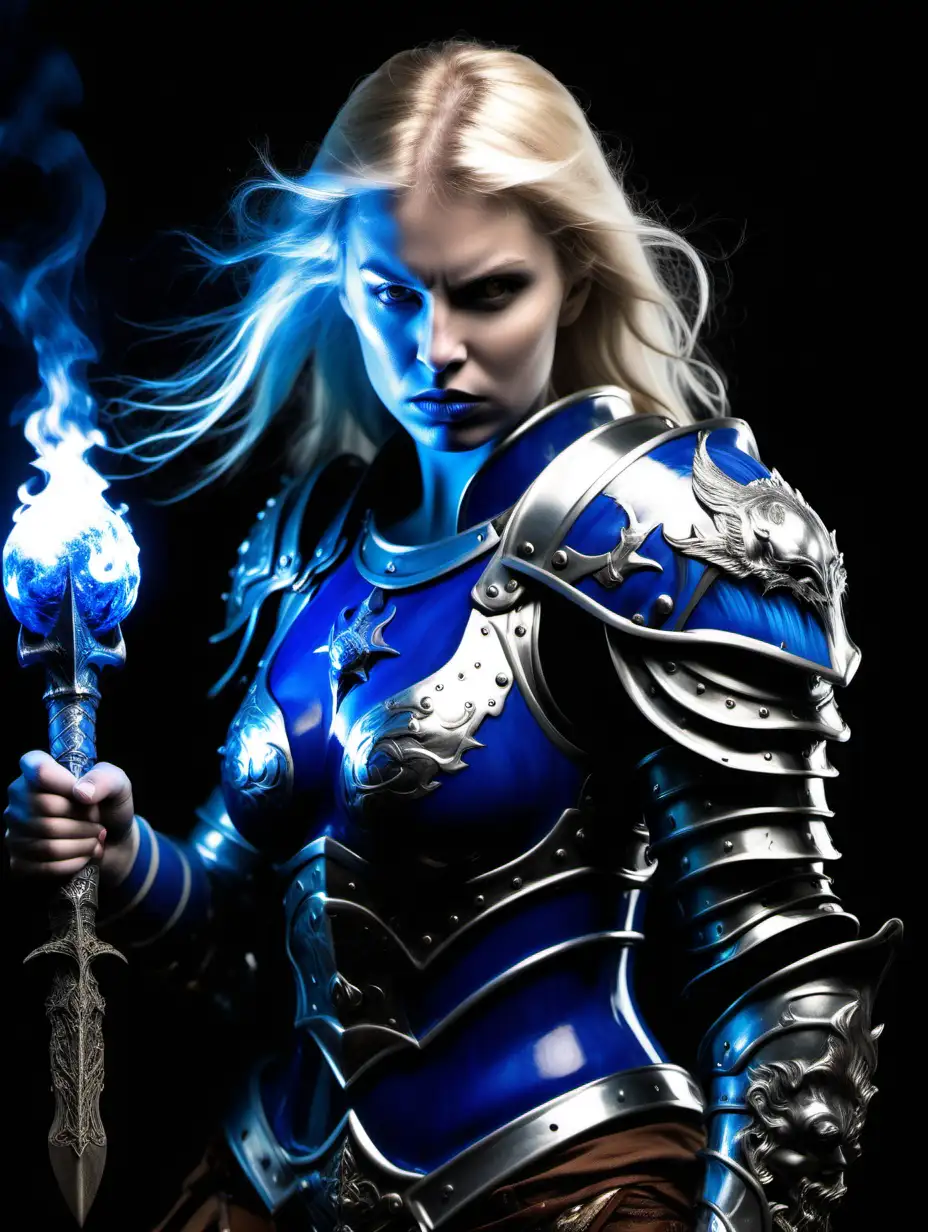 Femme guerrière blonde , européenne, peau blanche de porcelaine, portant une armure , bras de levage dramatique, boule de feu bleu , du mal ,d'énergie négatif et des ténèbres 