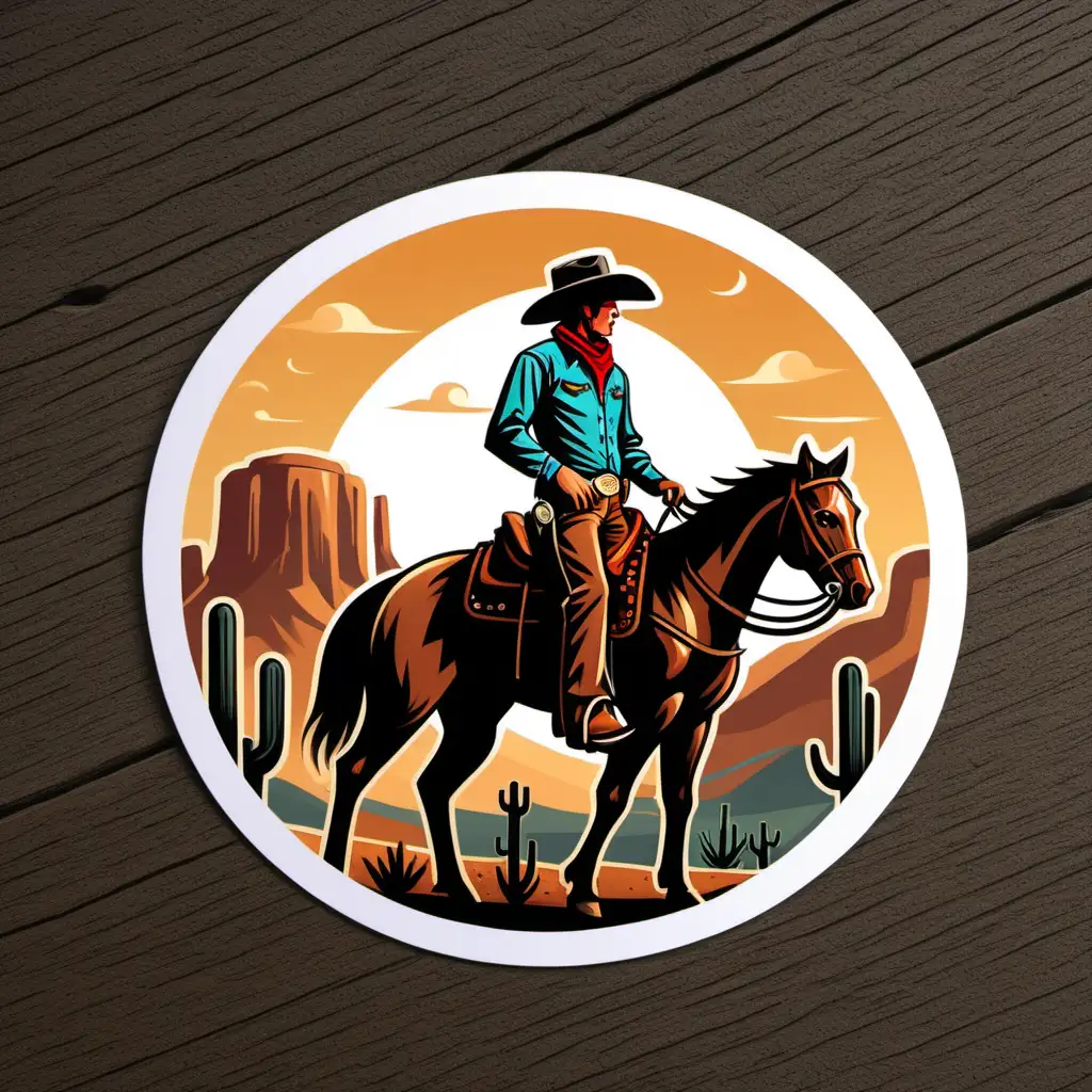 Wild West Cowboy Riding Horse Through Desert Landscape Sticker