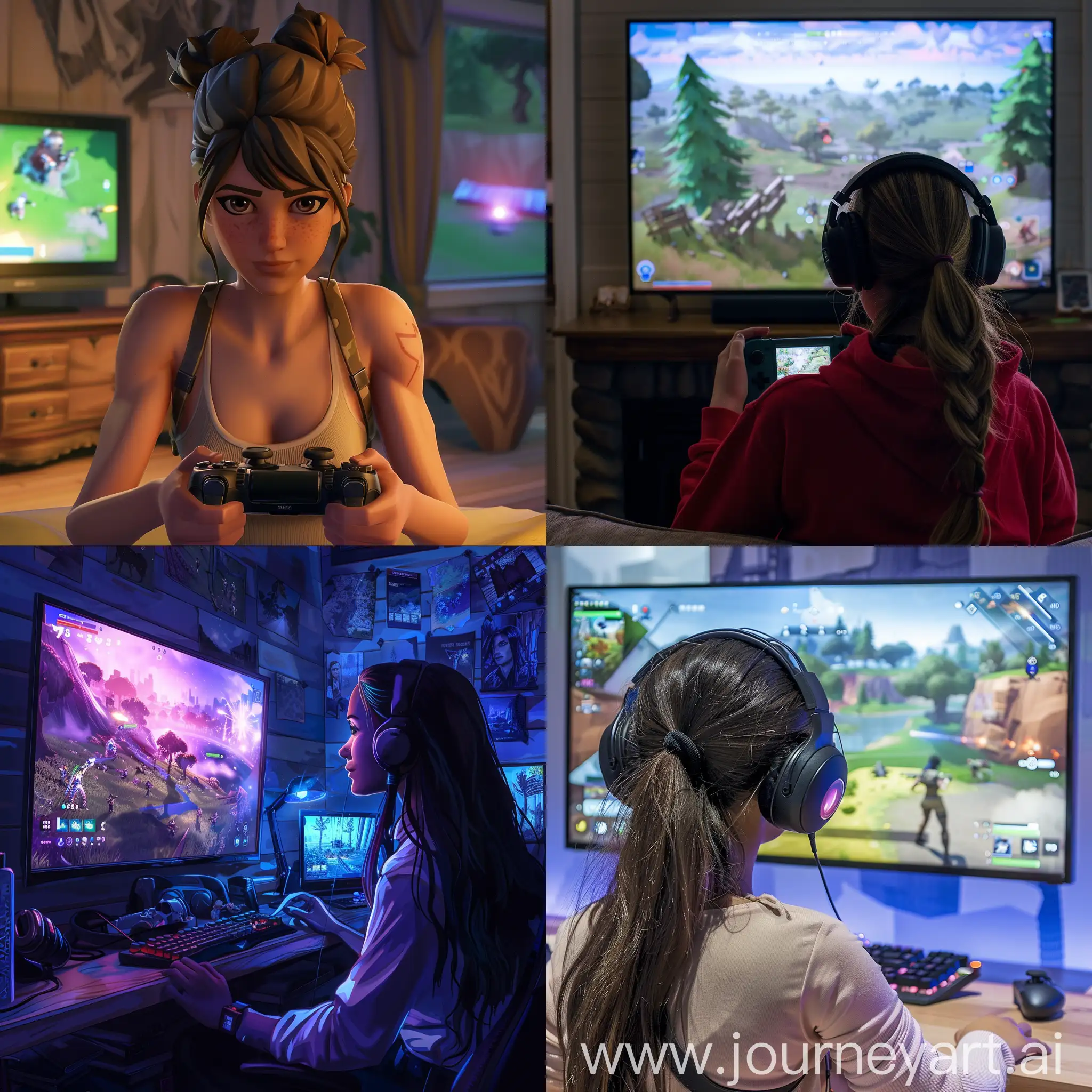 Girl-Playing-Fortnite-Video-Game-in-Intense-Battle