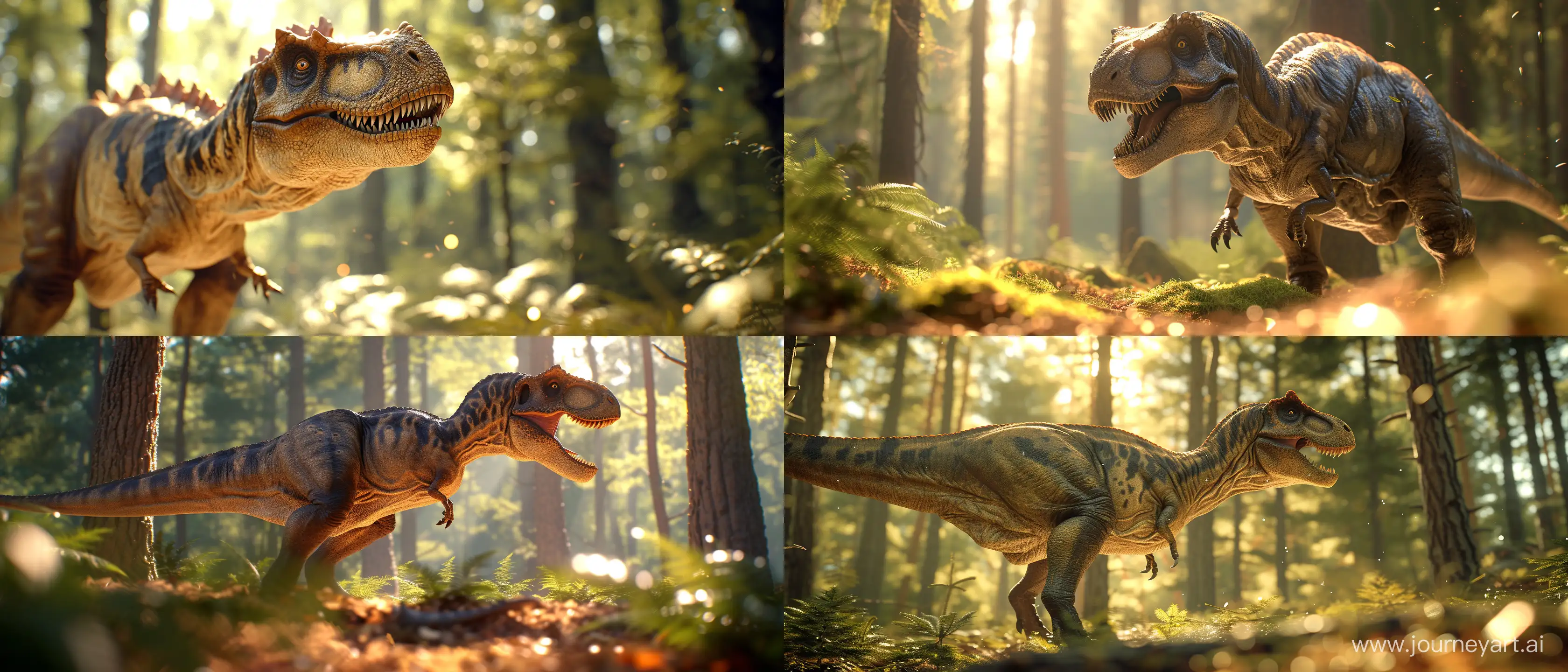 Dinosaur in the forest; sunny day; close up on parts of the scene or objects with advanced blurring techniques in specific parts of the close up; using all the graphic, lighting, design and scenery techniques of the most hyper-realistic and current animations of the last generation; Ray tracing at an absurd and exaggerated level; 32k; absurd details; advanced mirroring techniques; better CGI; advanced blurring techniques in some specific points; advanced lighting techniques; cinematic style; Blurred
 bottom; Some blurred lights; Parts of the image and the parts that were not blurred with as much absurd detail as possible in 32k quality; --ar 21:9 --v 6.0